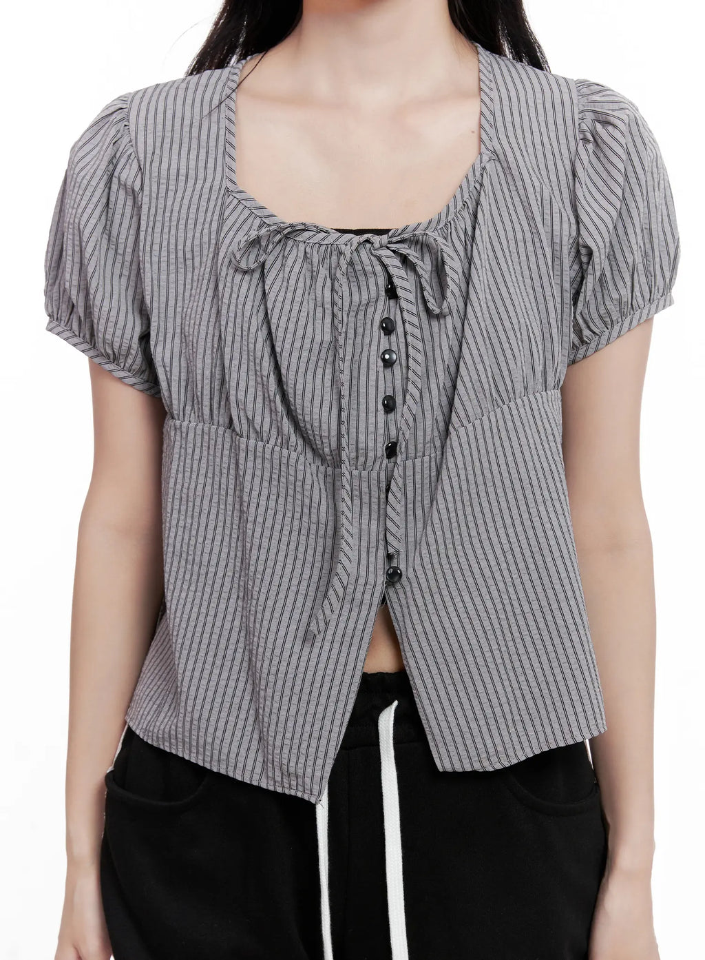 Striped Puff-Sleeve Ribbon Top CL516