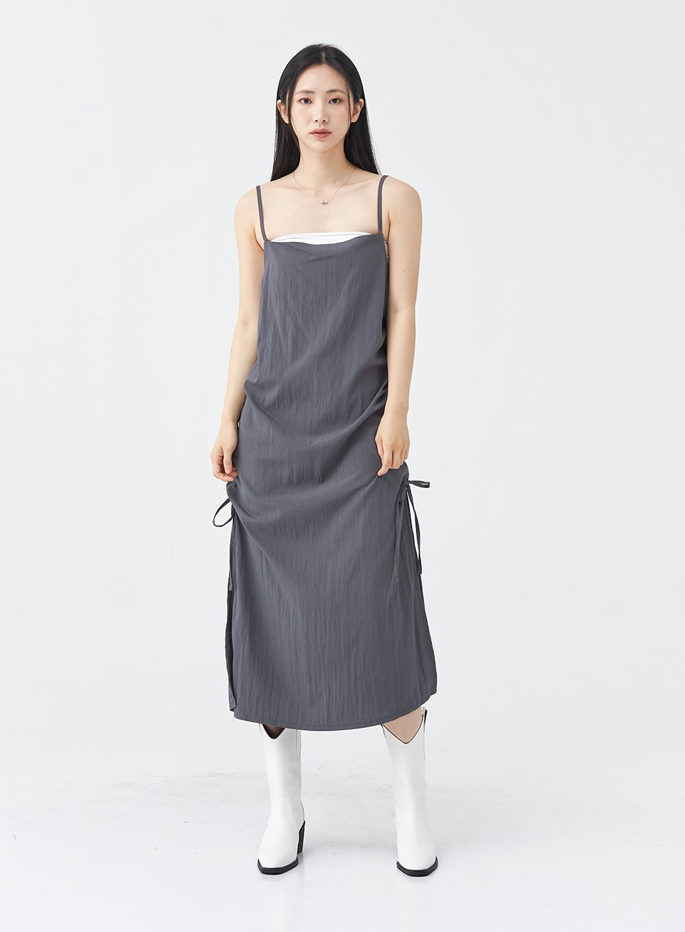 Side Shirring Sleeveless Strap Maxi Dress OG12