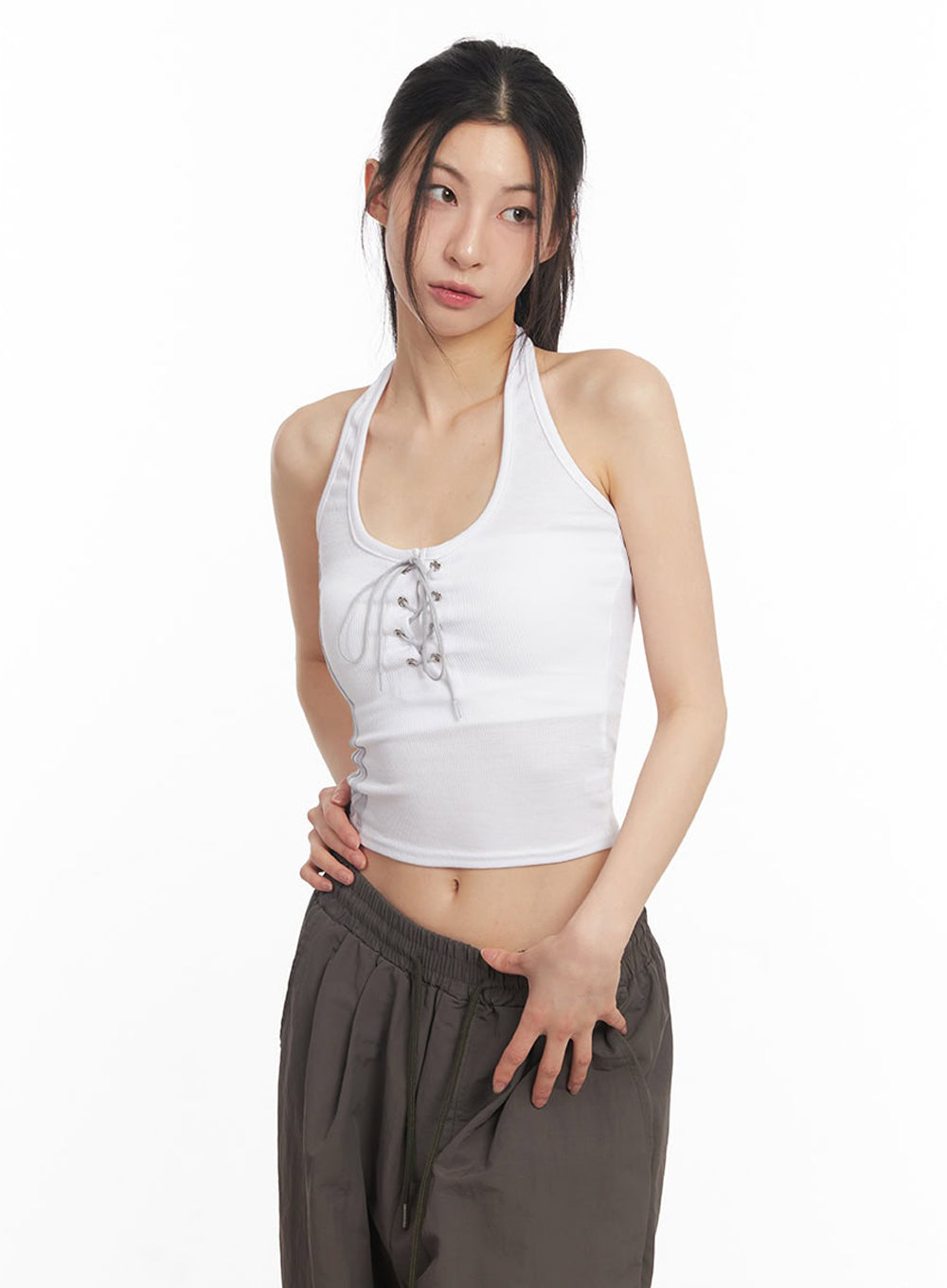 Halter Lace-Up Eyelet Crop Tank Top IY529