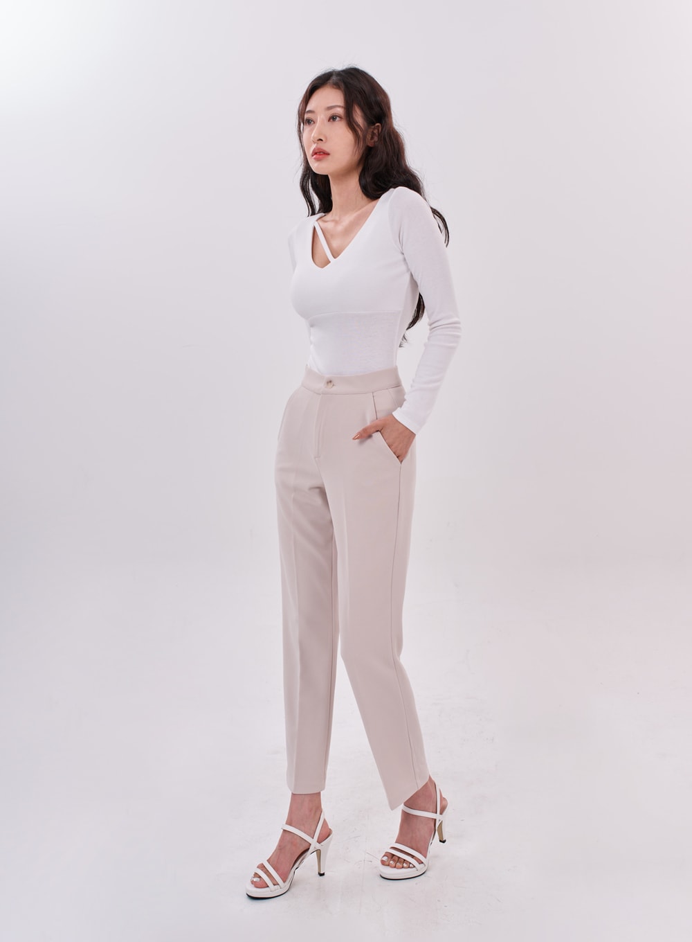 Asymmetric Neck Line Strap Long Sleeve T-Shirt IC15