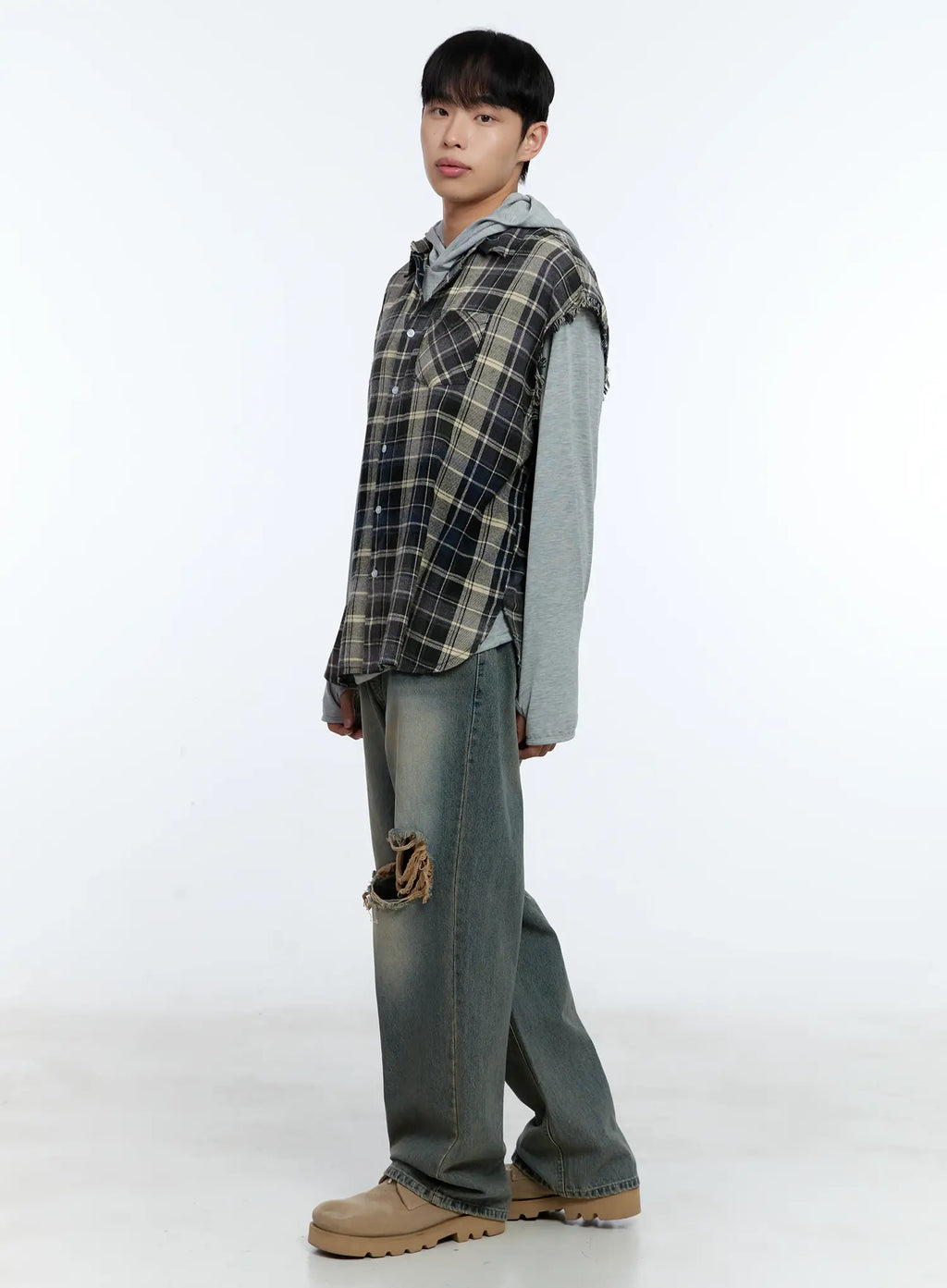 Men's Distressed Plaid Shirt Vest IL517