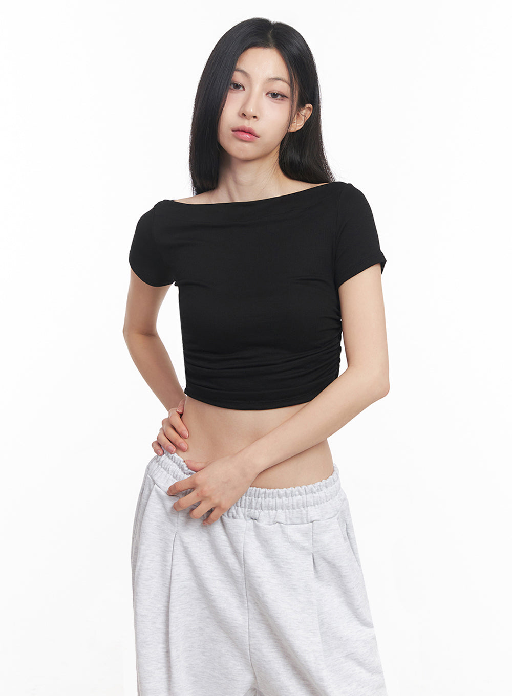 Off-Shoulder Shirred Crop Tee IY516