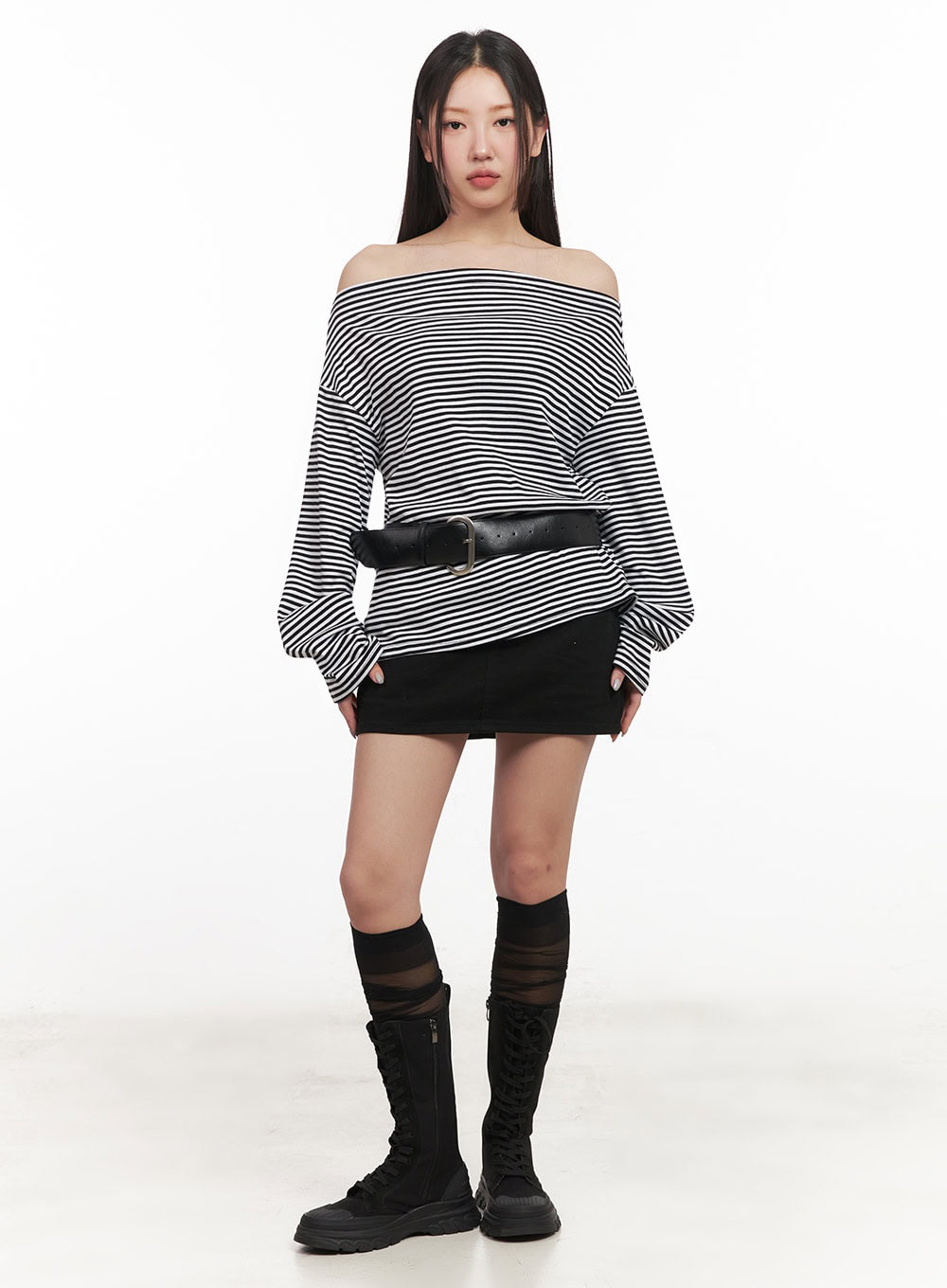 Stripe Long-Sleeve Off-Shoulder Top IM524