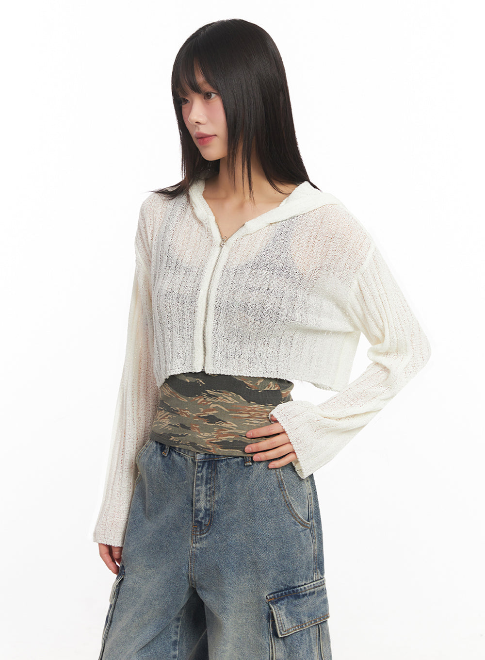 Zip-Up Sheer Hooded Cardigan IA528