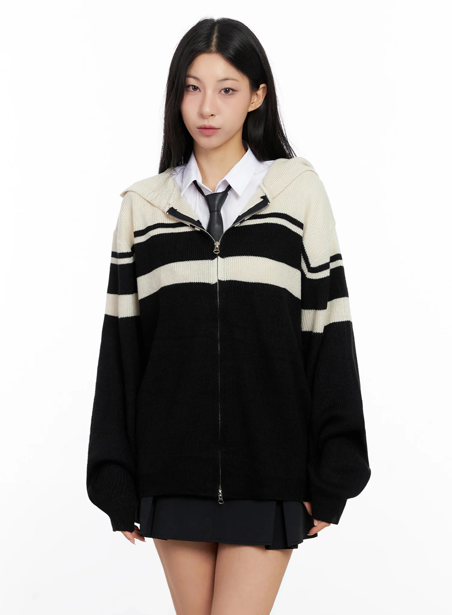 Striped Oversized Zip-Up Knit Hoodie IG508