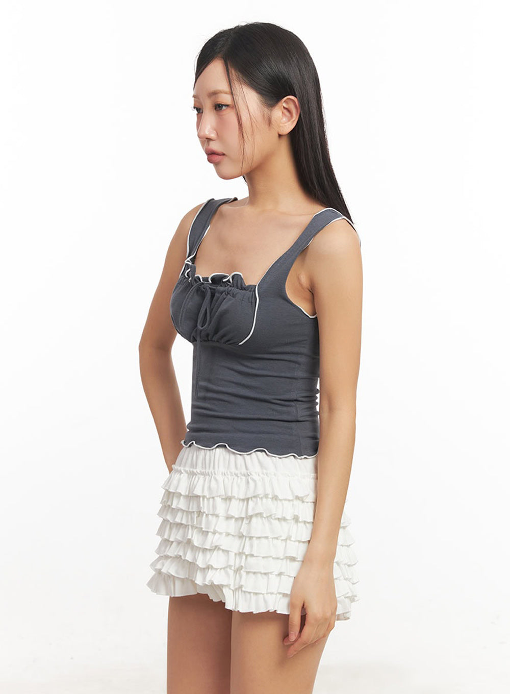 Ribbon Frill Square-Neck Crop Tank Top IA524