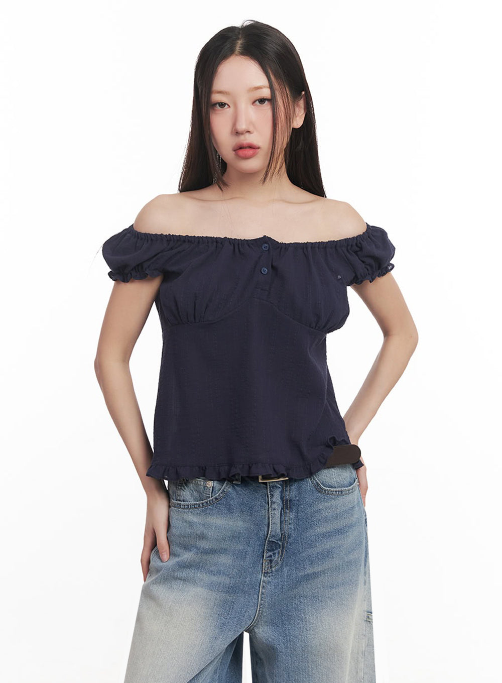 Frill Buttoned Off-Shoulder Blouse Top IM528