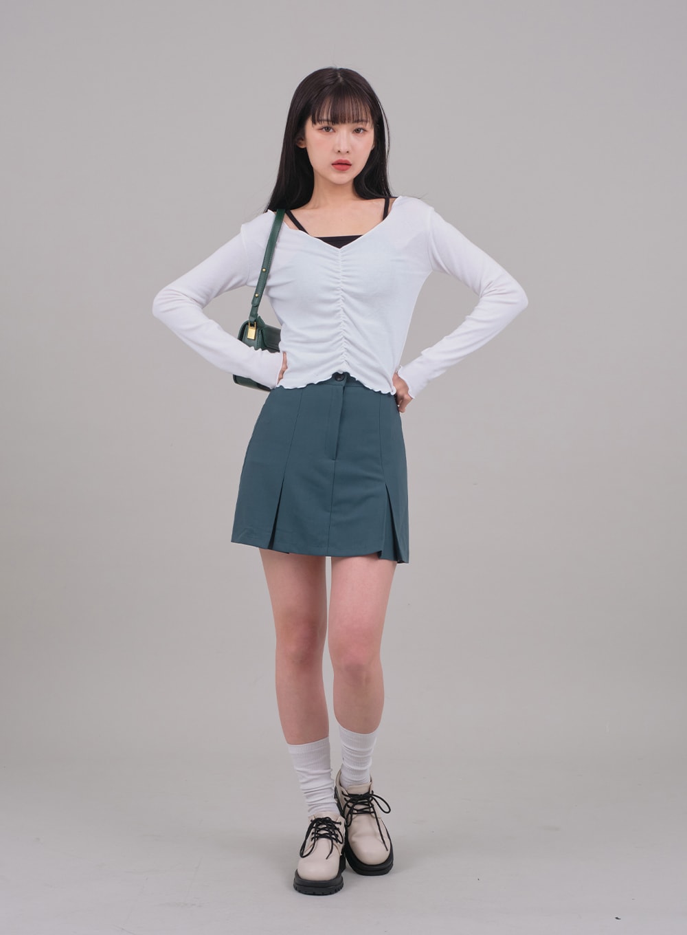 Cropped Long Sleeve Top with Front Shirring C2701