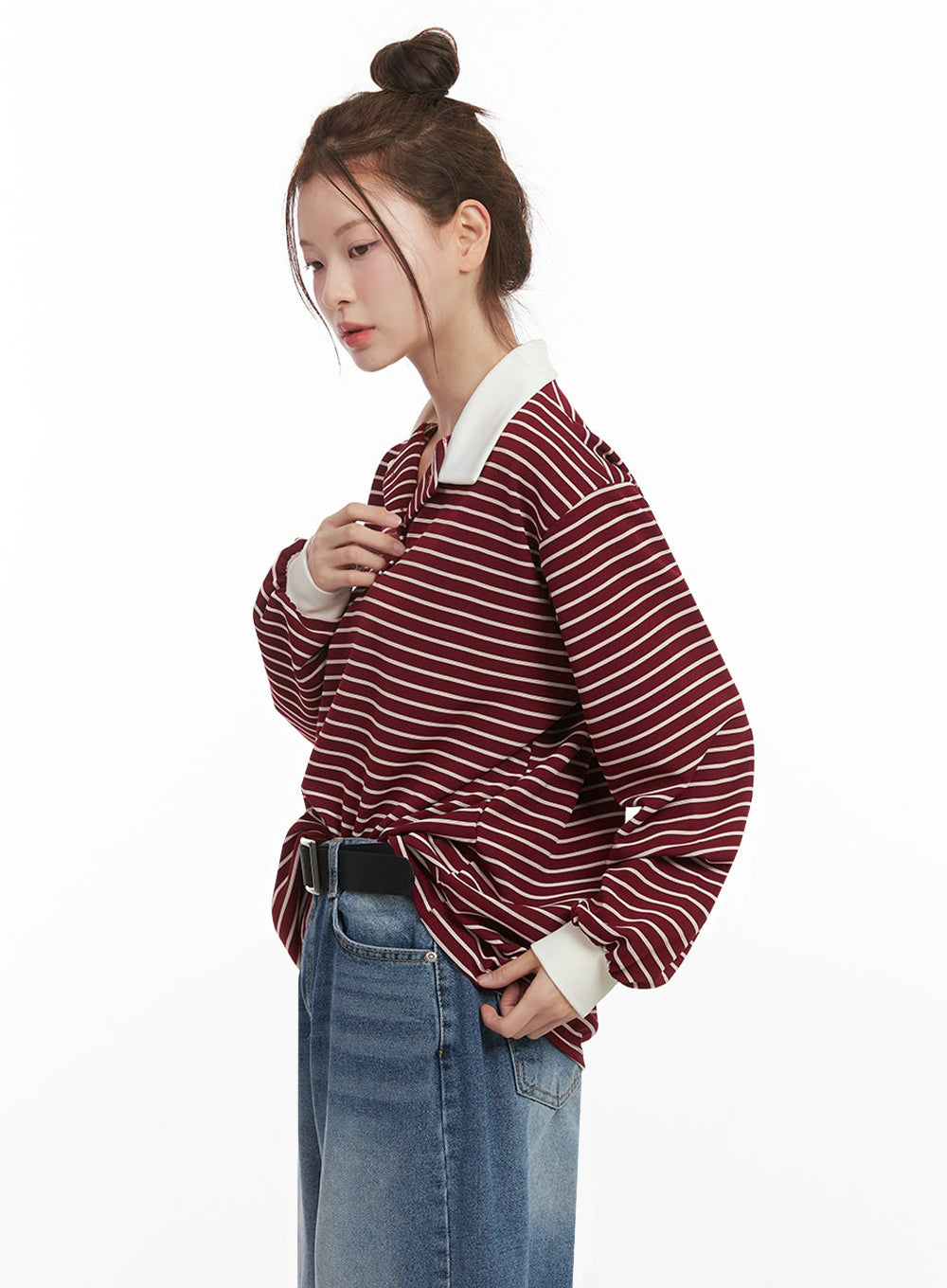 Oversized Stripe Collared Long Sleeve Top IJ527