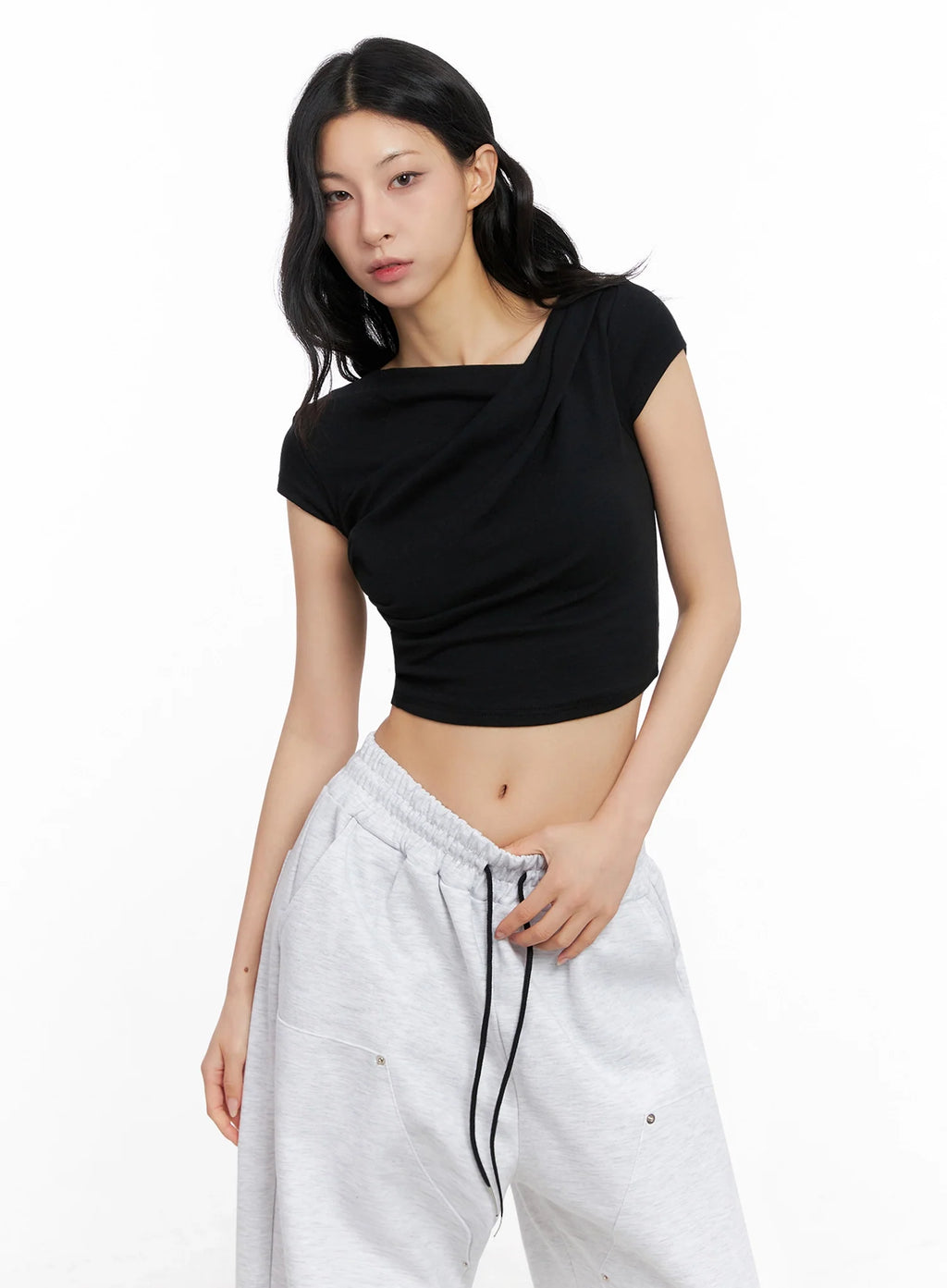 Asymmetric Shirred Off-Shoulder Crop Tee IG508