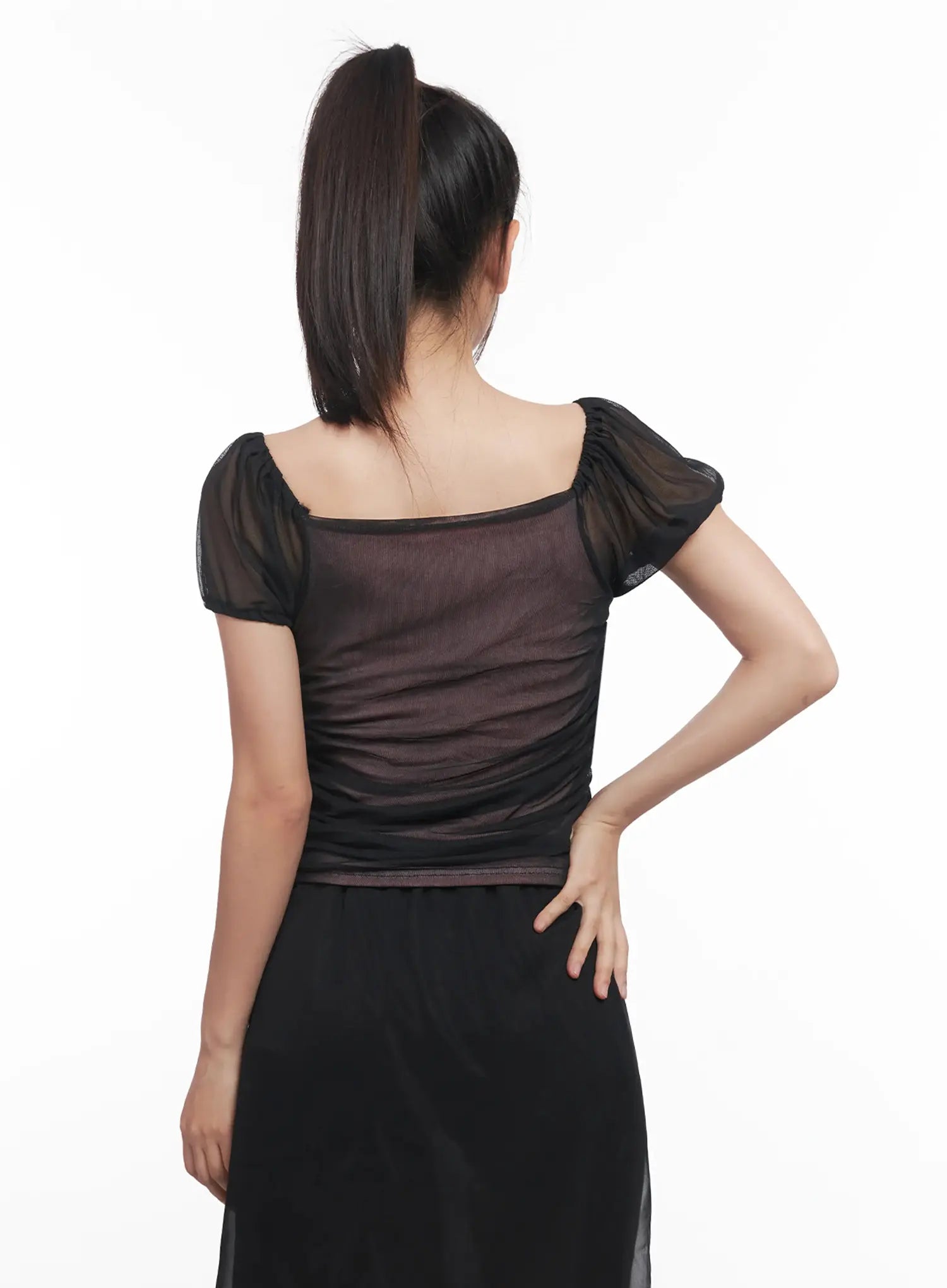 Sheer Puff-Sleeve Crop Top IU509