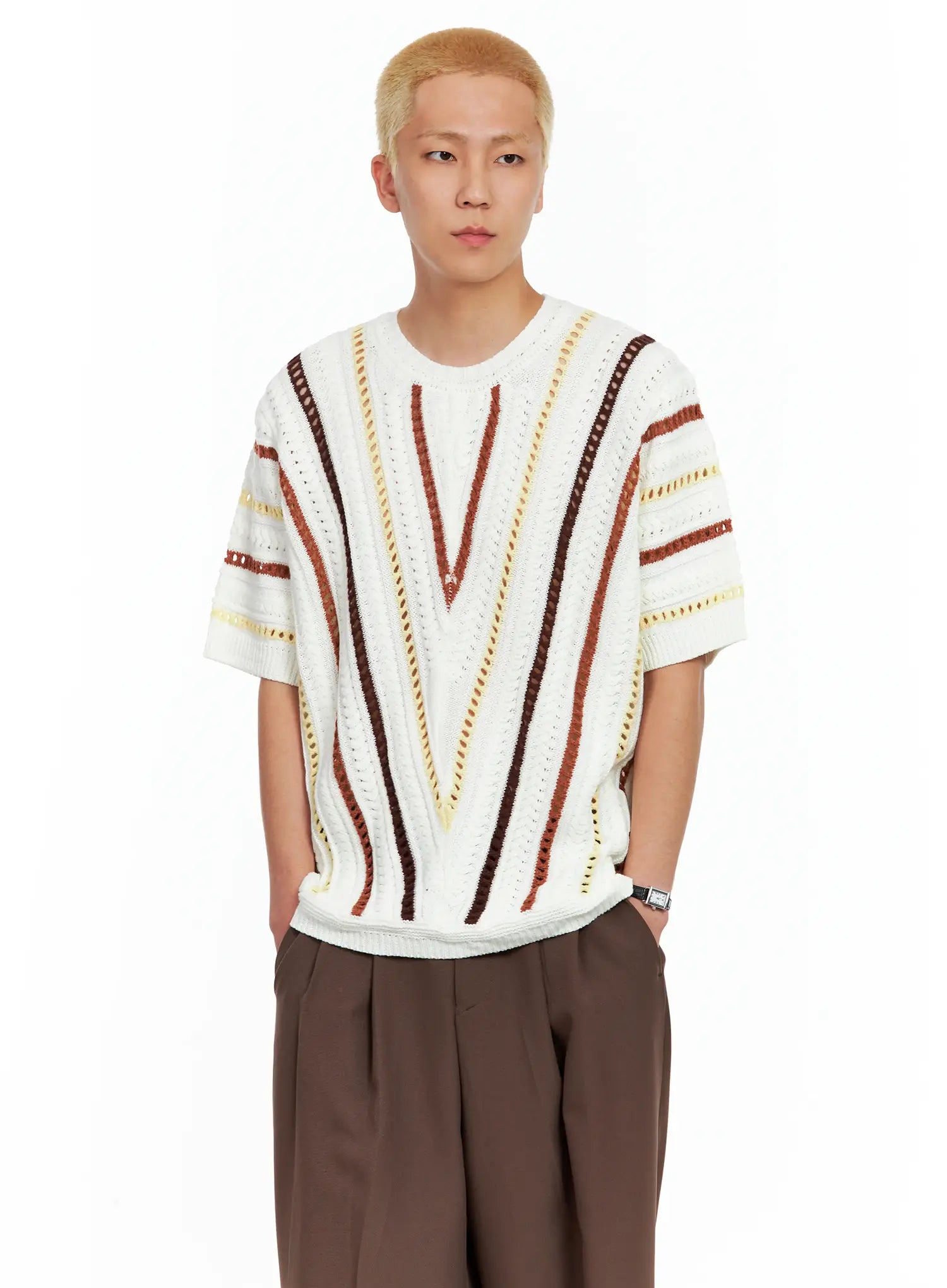 Men's Textured Contrast Knitted Tee IL511