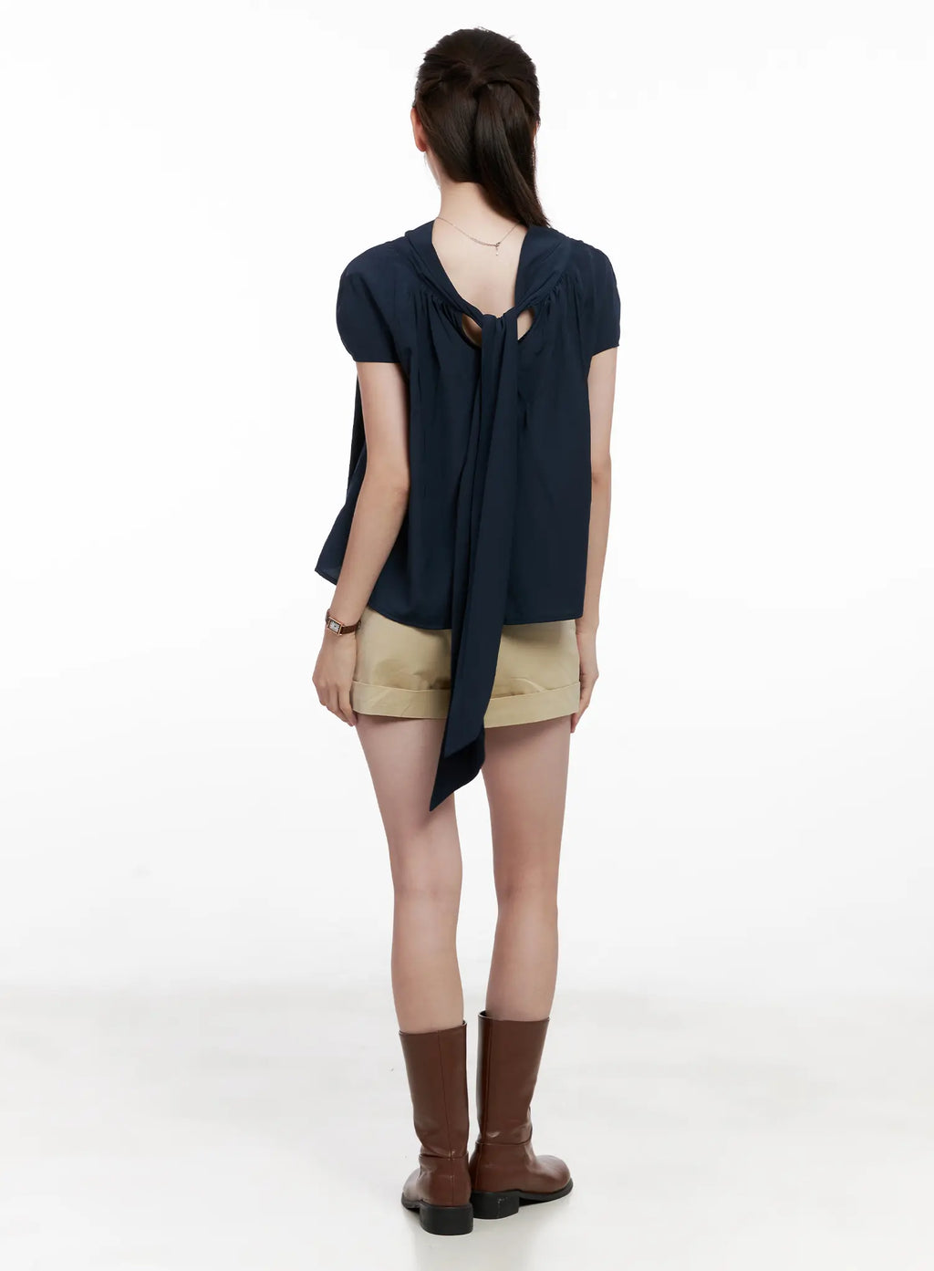 Shirred Ribbon Short-Sleeve Blouse CL523