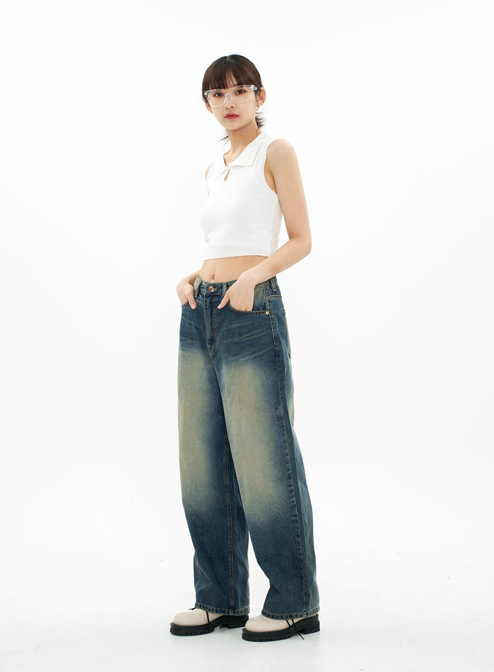 Bleached Wide Leg Denim Pants CA07