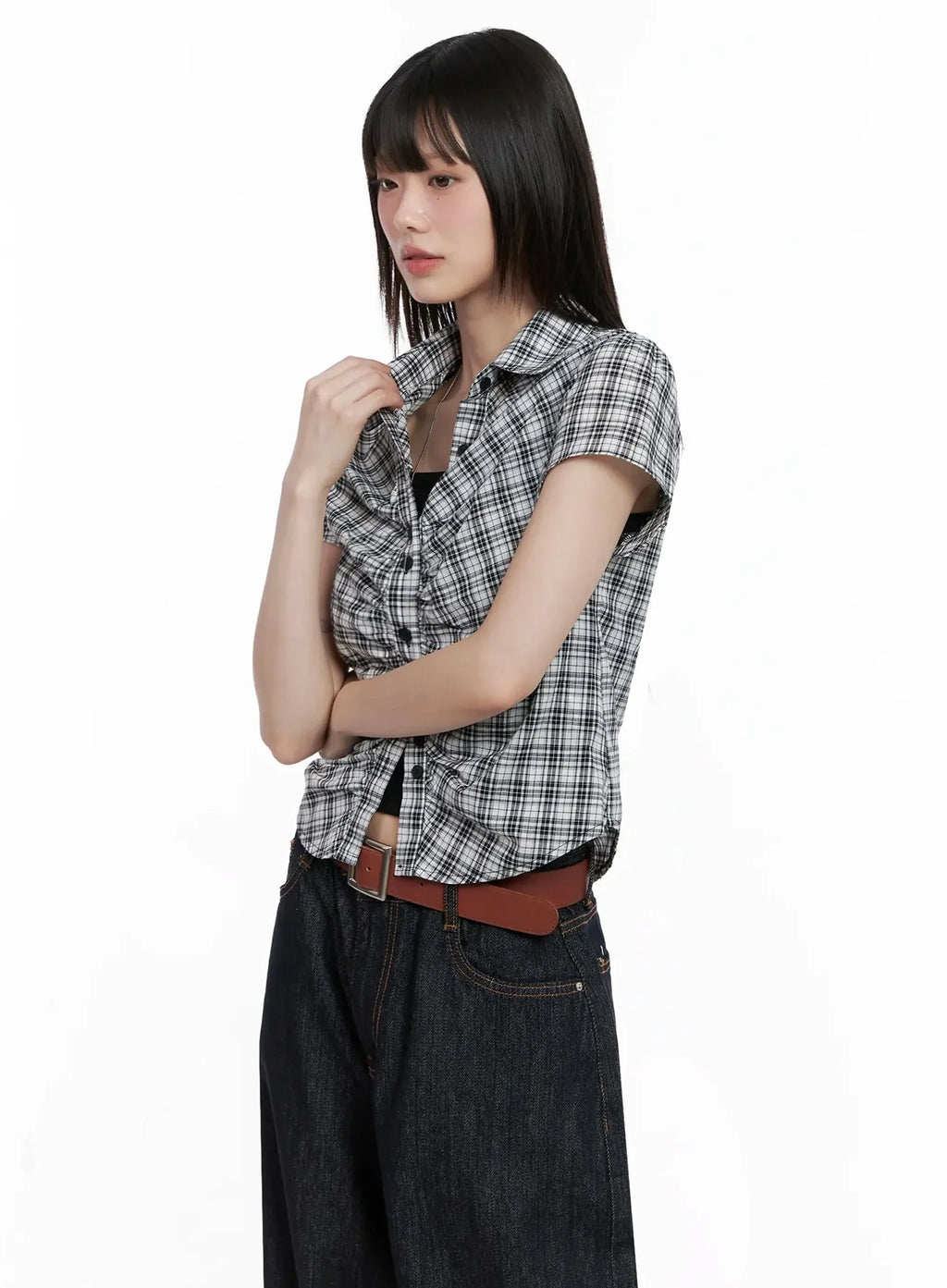 Shirred Plaid Button-up Blouse IL531