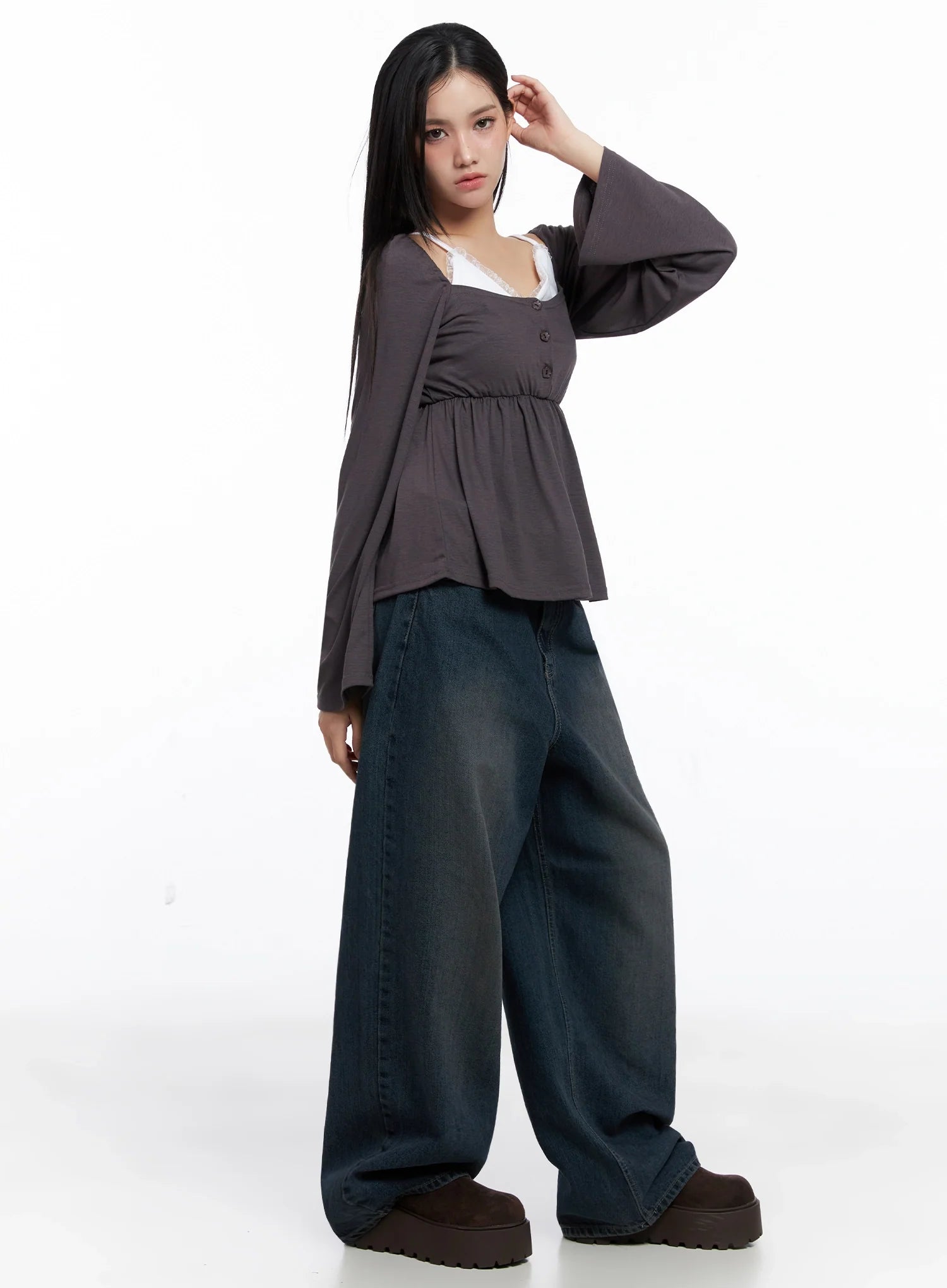 Shirred Flowy Buttoned Long Sleeve IS525