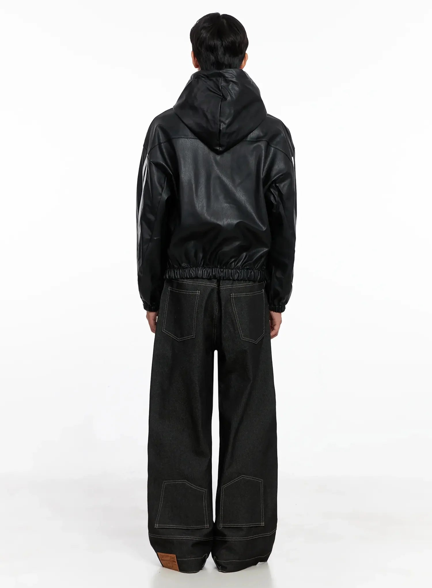 Men's Faux Leather Track Hooded Jacket IO517