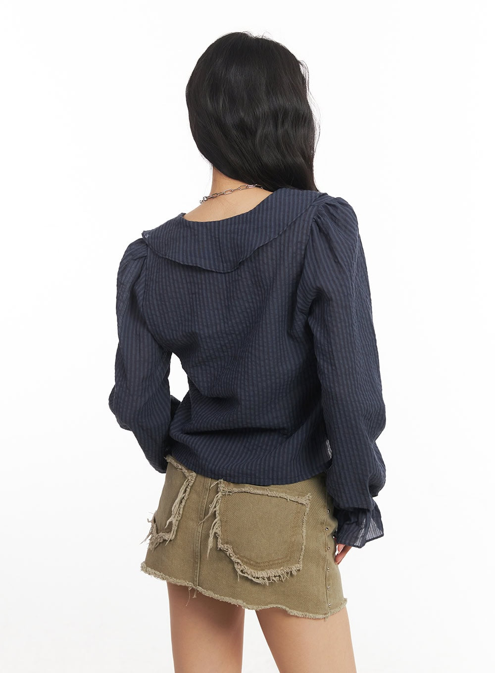 Ruffle V-Neck Stripe Blouse Top CA503