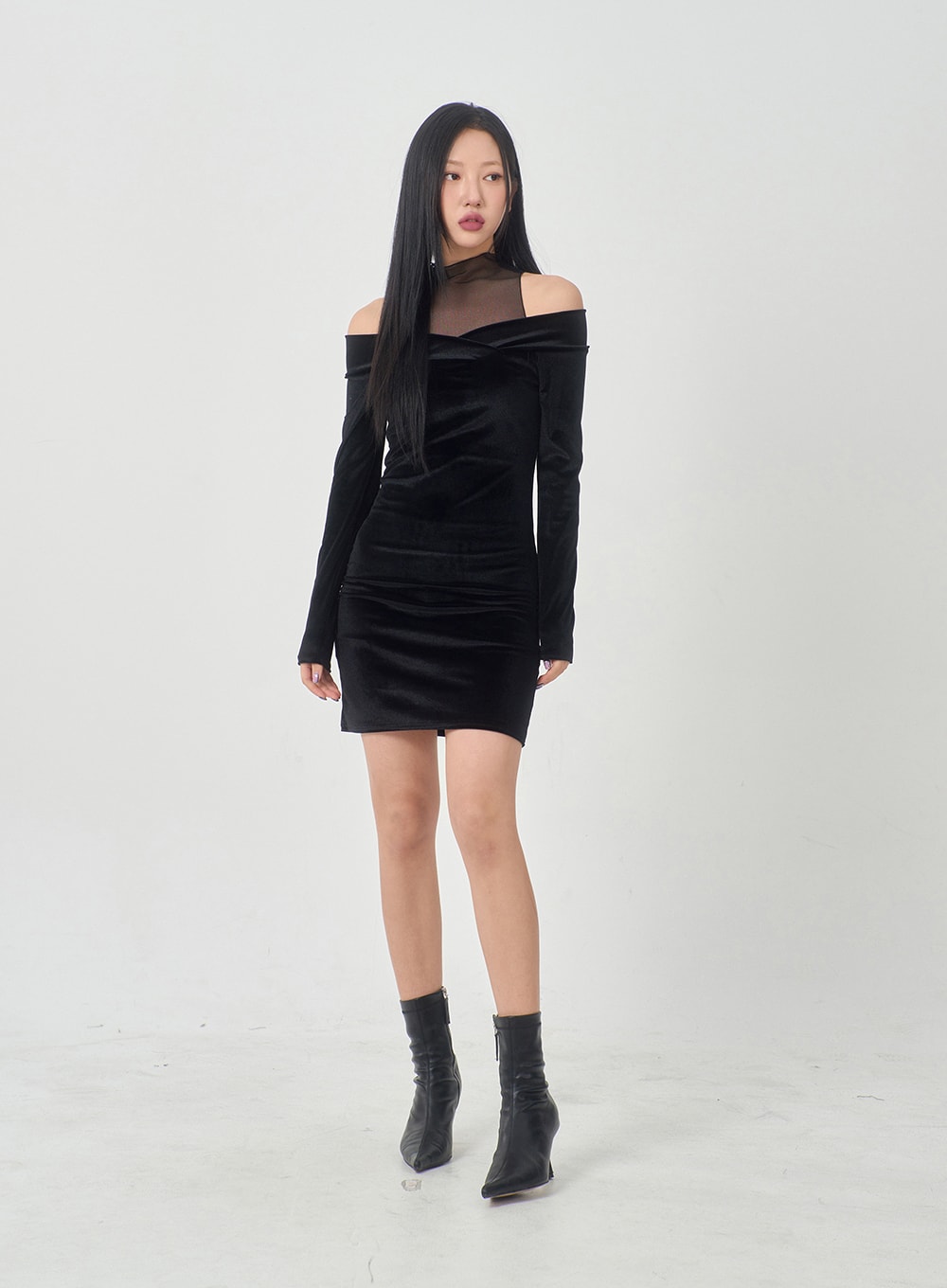 Velvet Off-Shoulder Mesh Neck Mini Dress BD23