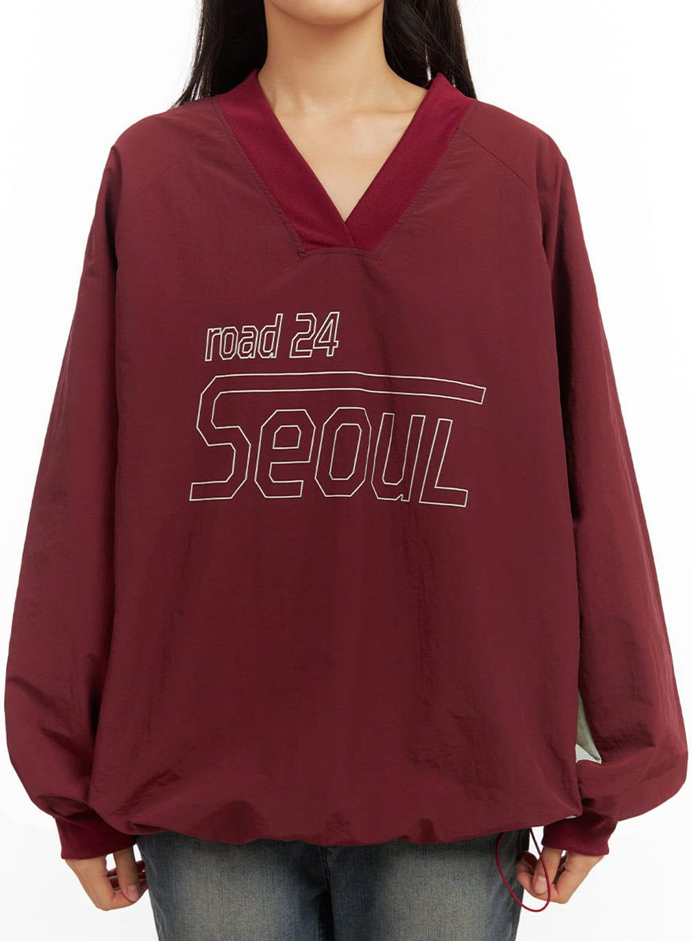 Long Sleeve Loose Fit Nylon V-Neck Sweatshirt IO409