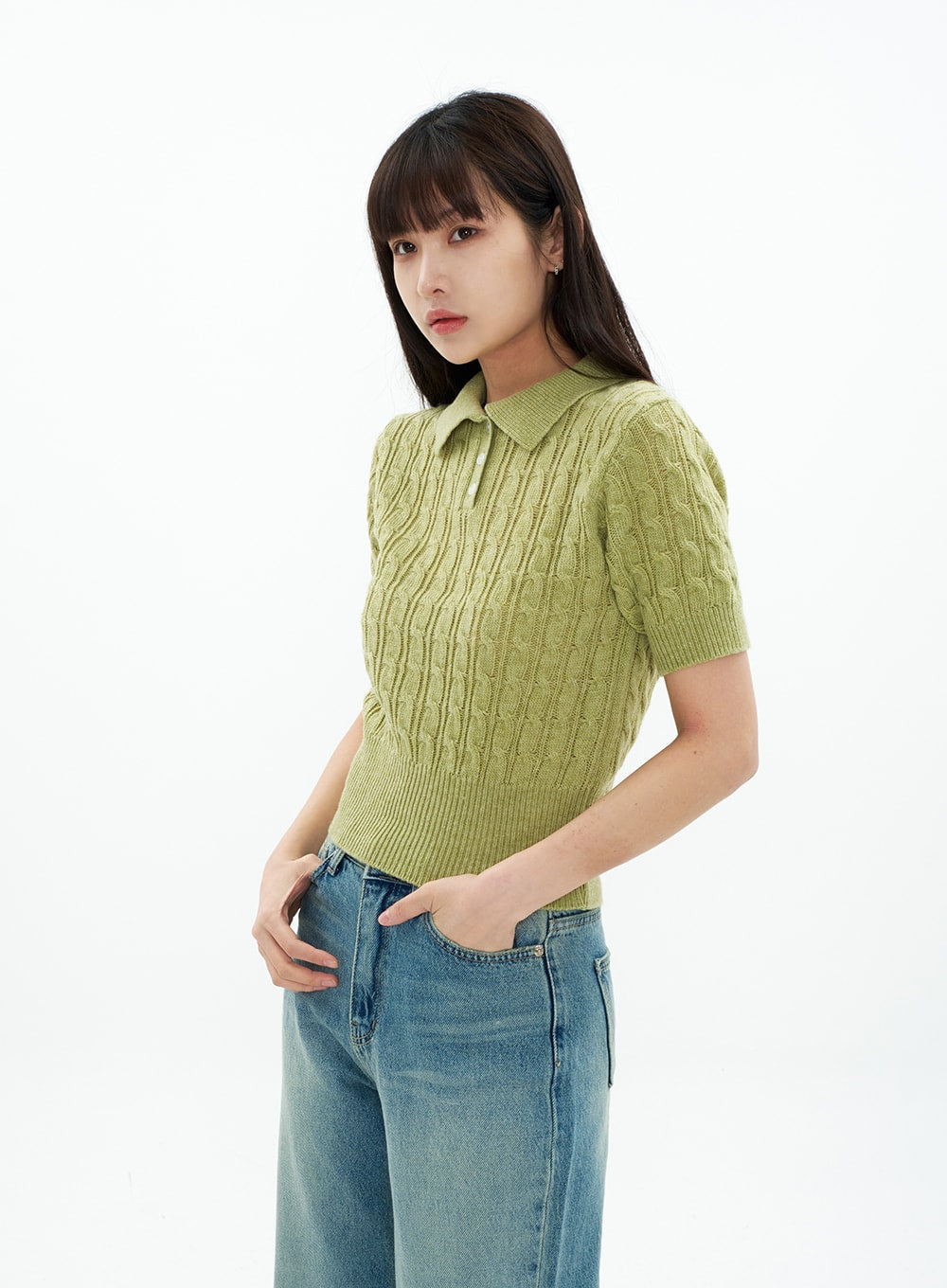 Cable Knit Collared Short-sleeve Sweater CA01