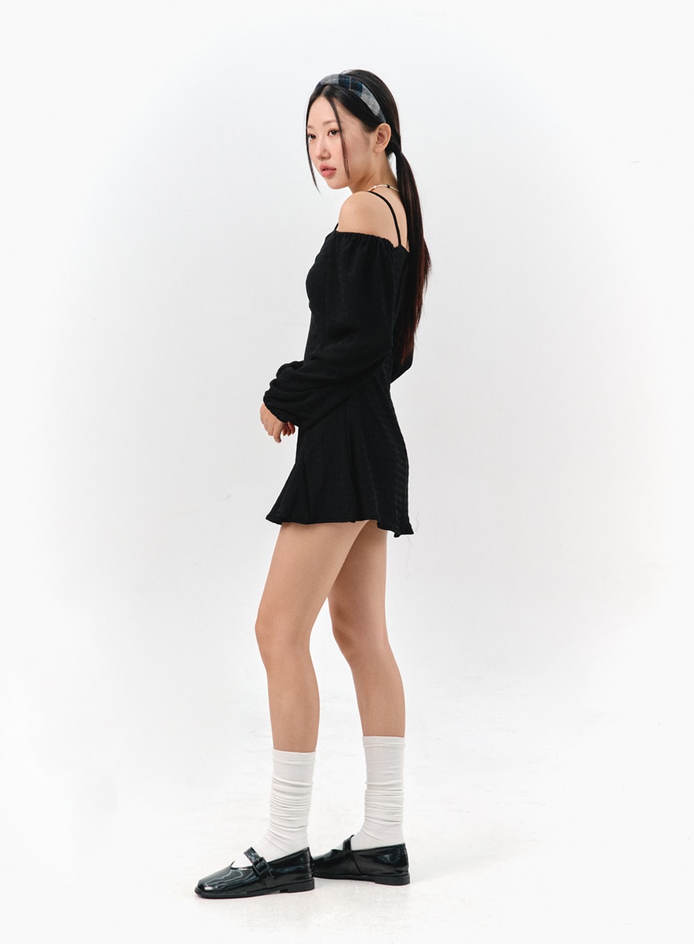 Off-Shoulder Shirred Mini Dress IS301