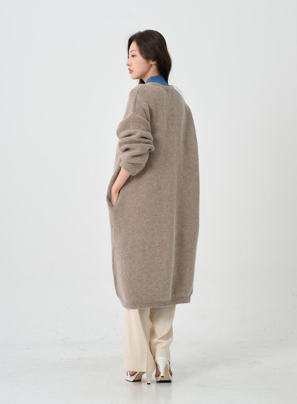 Angora V-Neck No Button Long Cardigan IO12