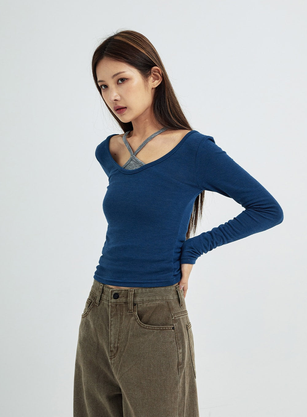 Caroline Long Sleeve Strip Top Set CS07