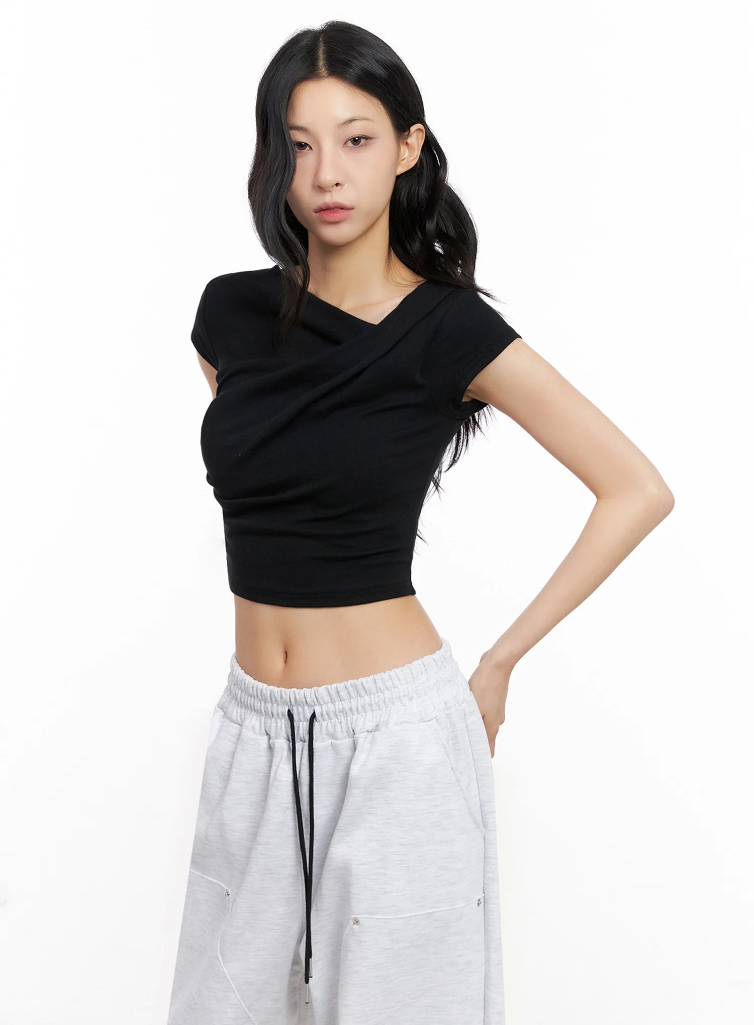 Asymmetric Shirred Off-Shoulder Crop Tee IG508