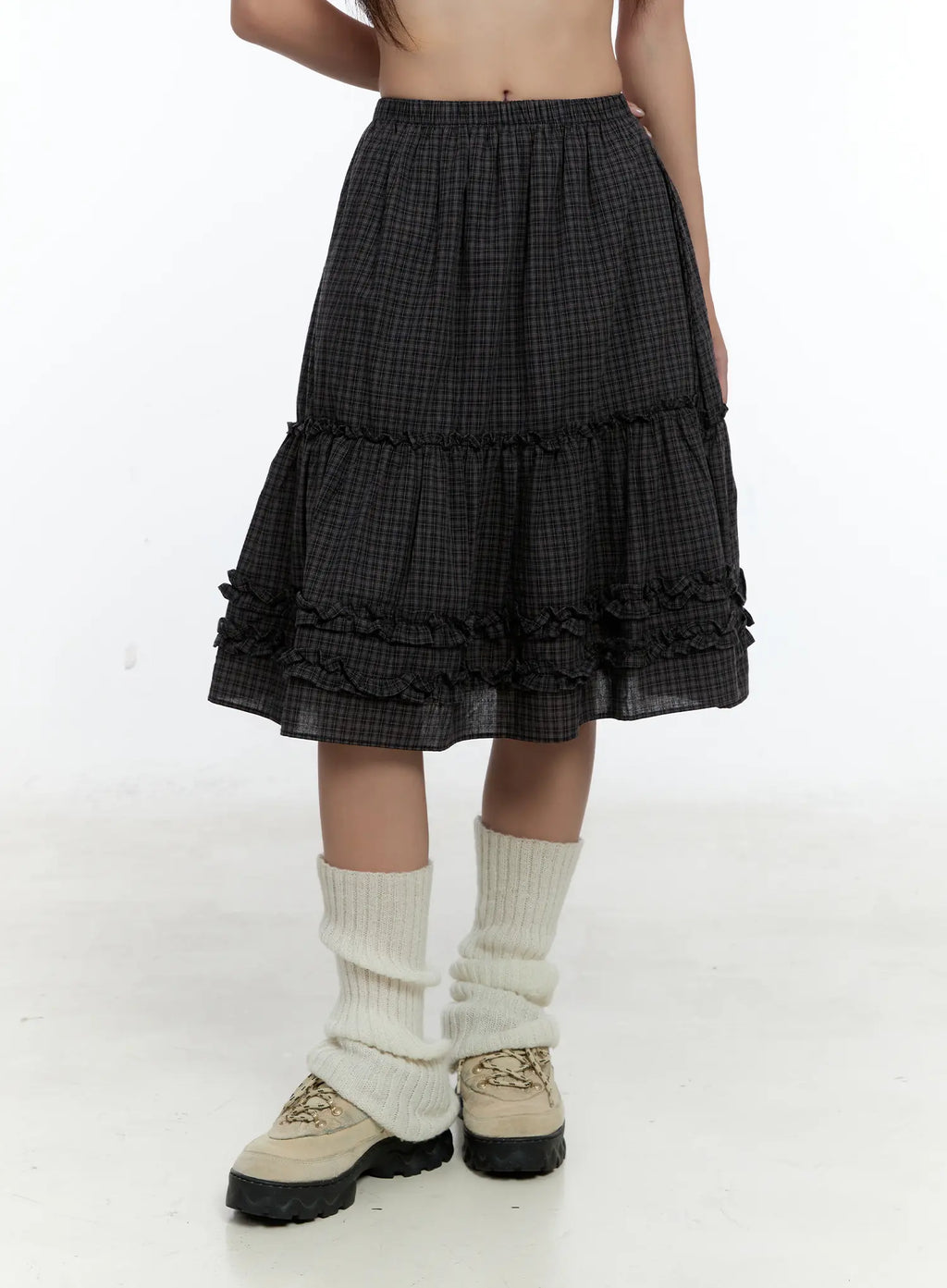 Gingham Ruffle Layered Midi Skirt CS517