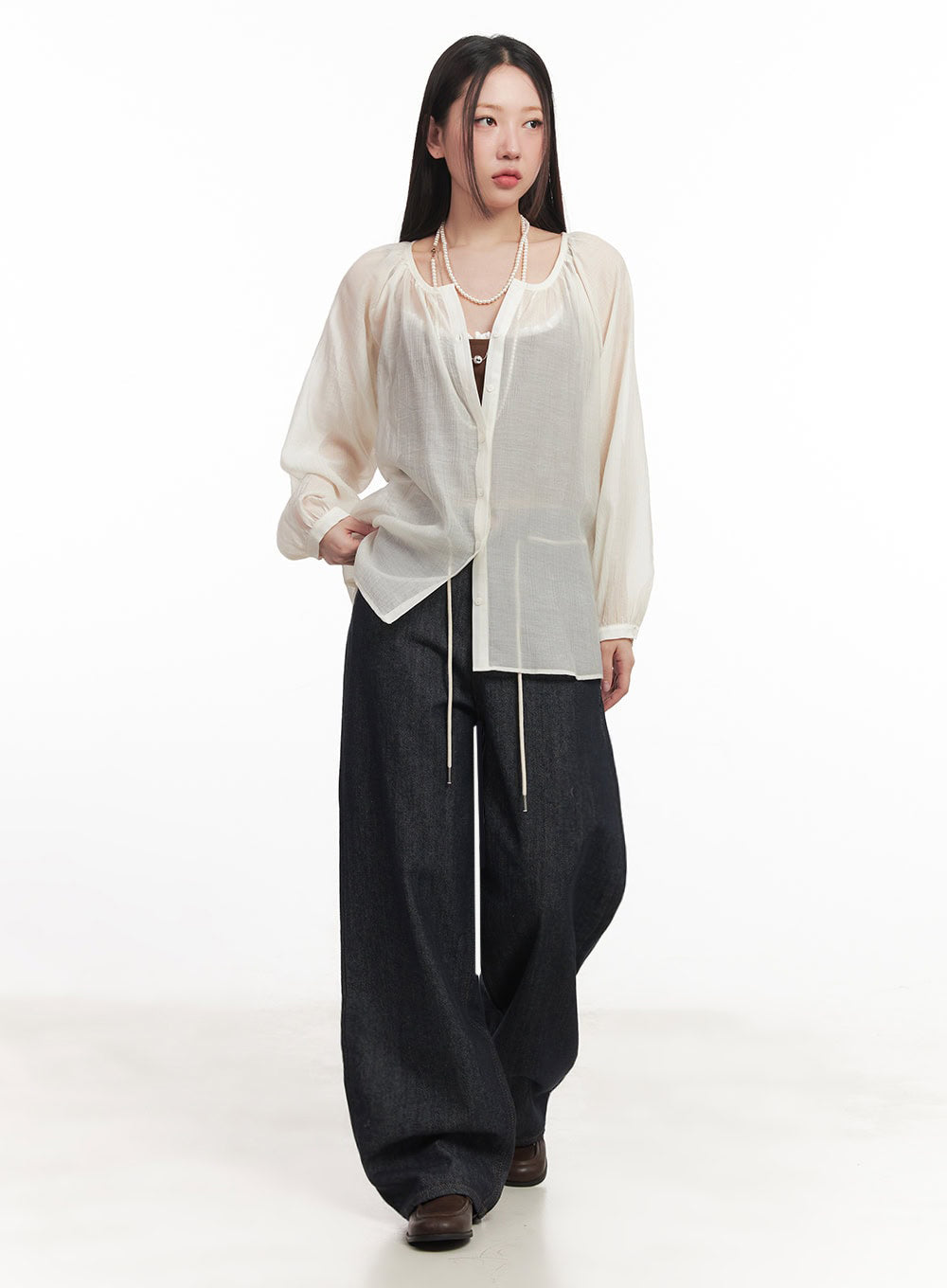 Shirred Sheer Buttoned Blouse IM528