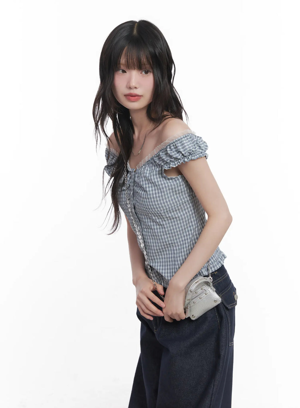 Plaid Frill Off-Shoulder Top CU519