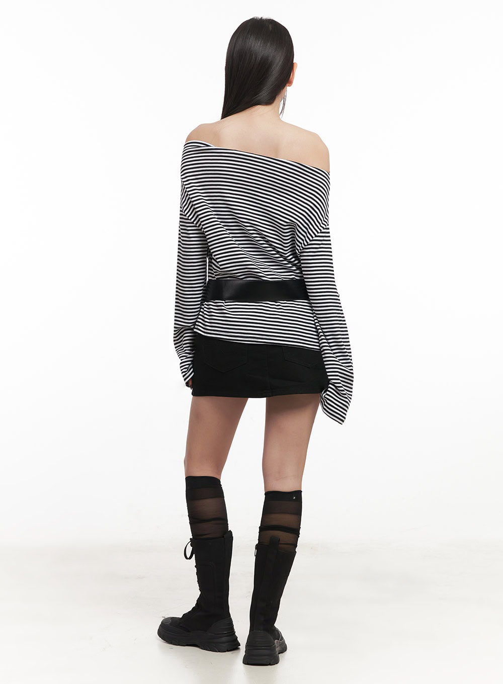 Stripe Long-Sleeve Off-Shoulder Top IM524