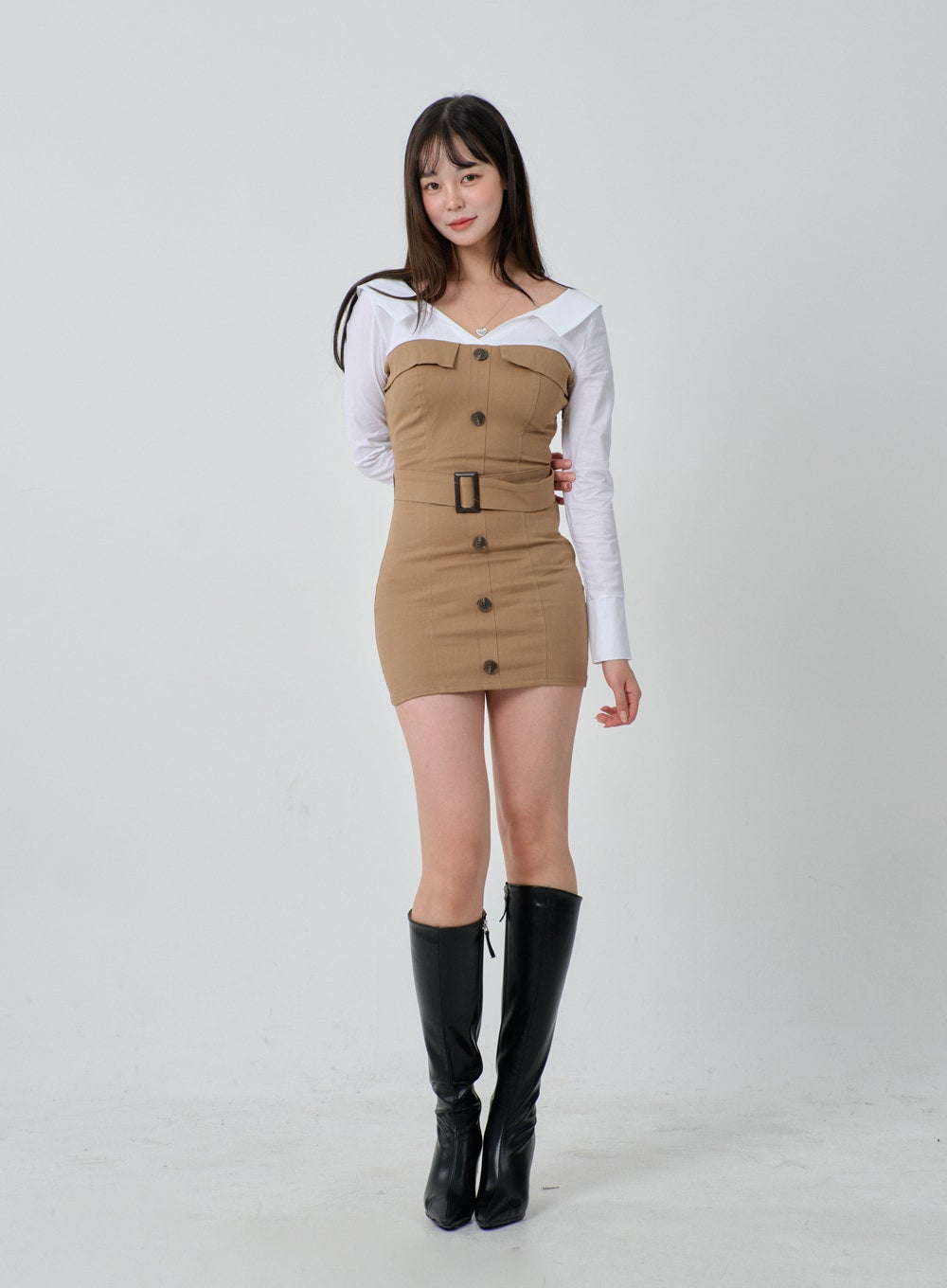 Layered V-Neck Button Belt Mini Dress ID29