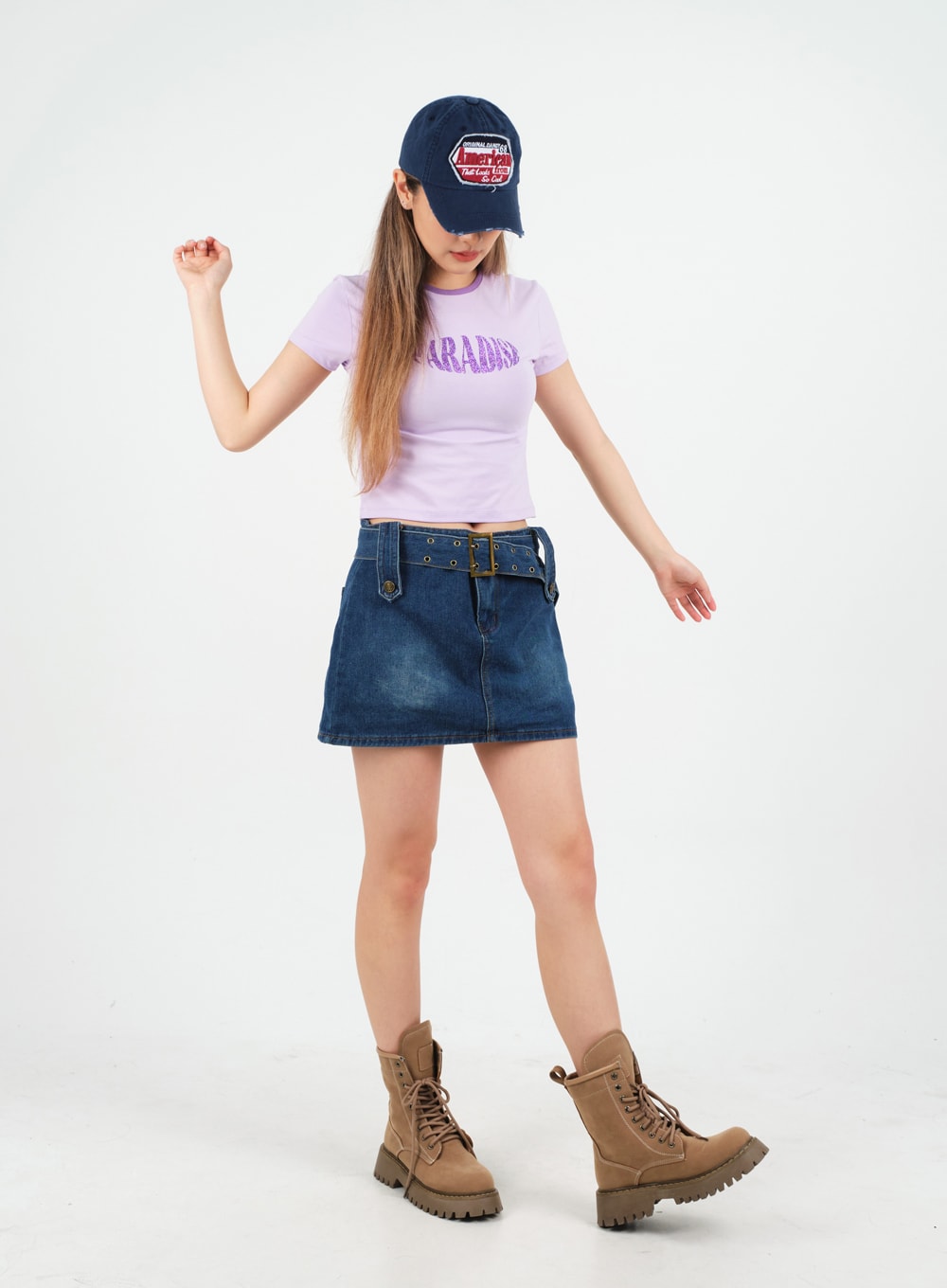 Low-Rise Bleached Denim Skorts and Belt Set CM02