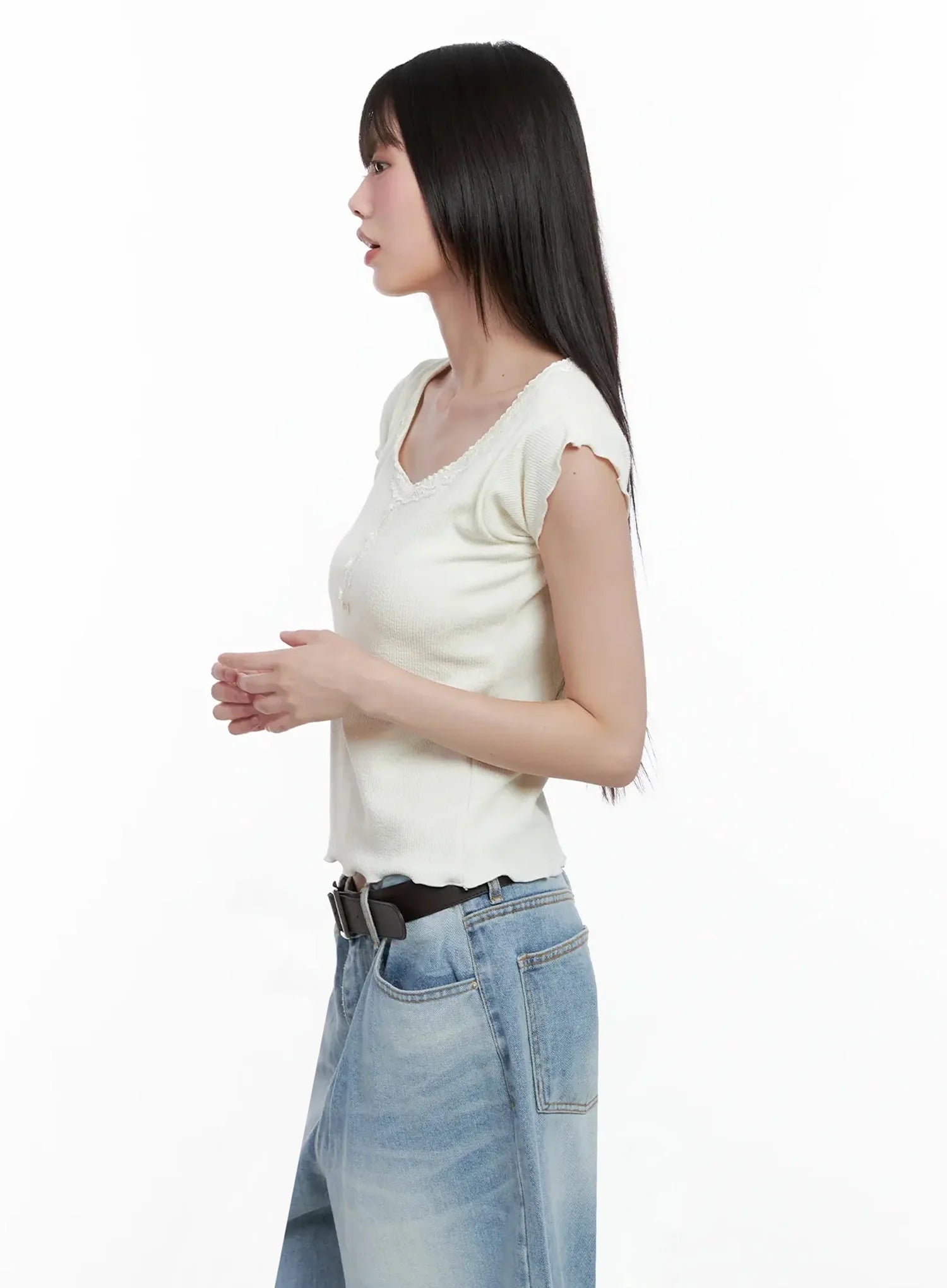 Lace Trimmed Button Short Sleeve IL531