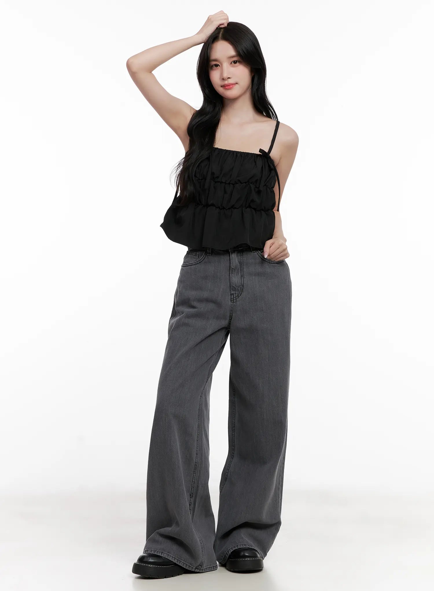 Ribbon Strap Ruffle Scrunch Tank CL516