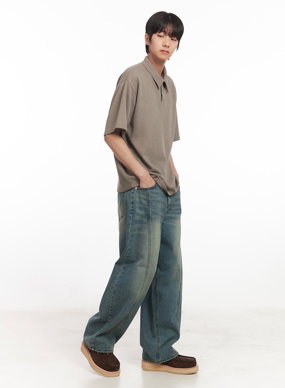 Men's Stitched Detail Wide-Fit Jeans IA511