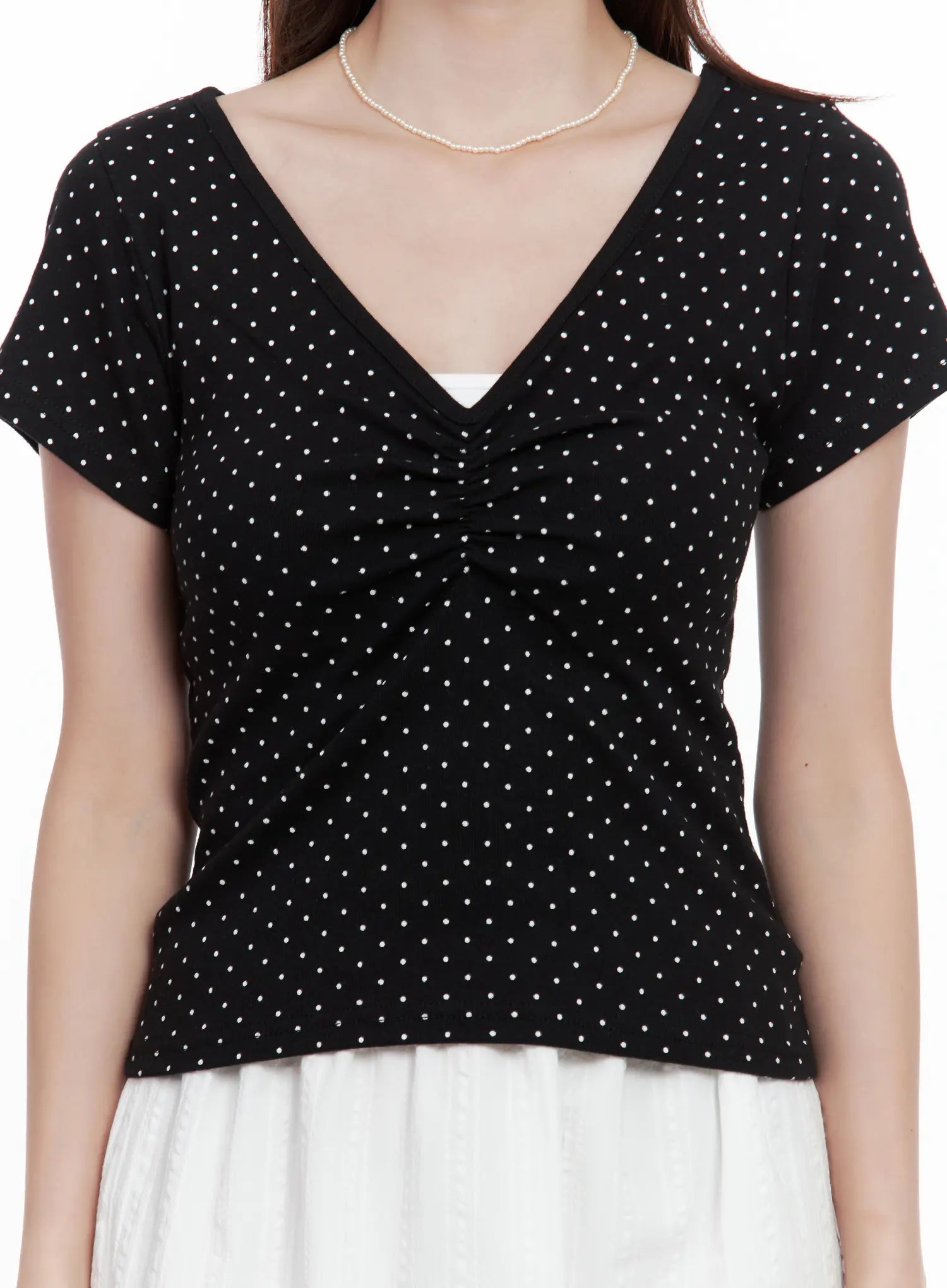 Polka Dot Shirred V-Neck Top CL502