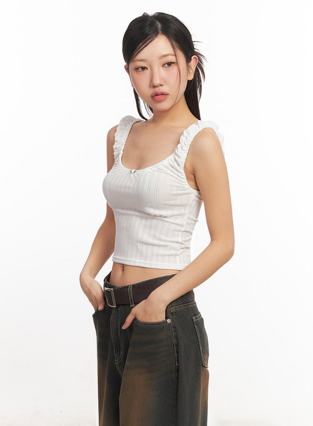 Frill Shirring Crop Tank Top IA524