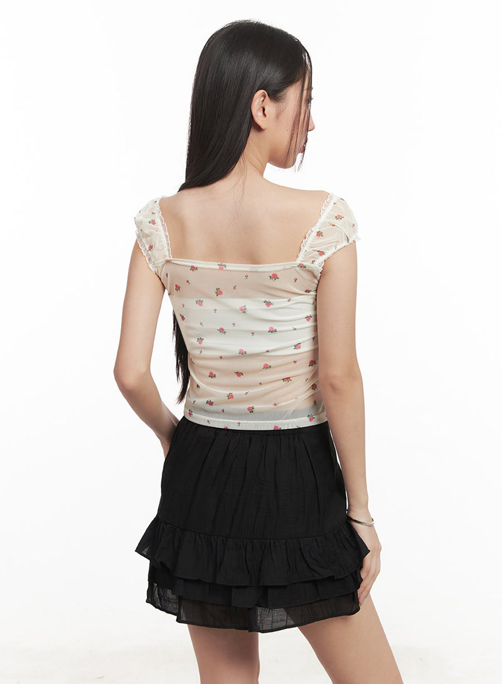 Sheer Floral Lace Shirred Top IM525