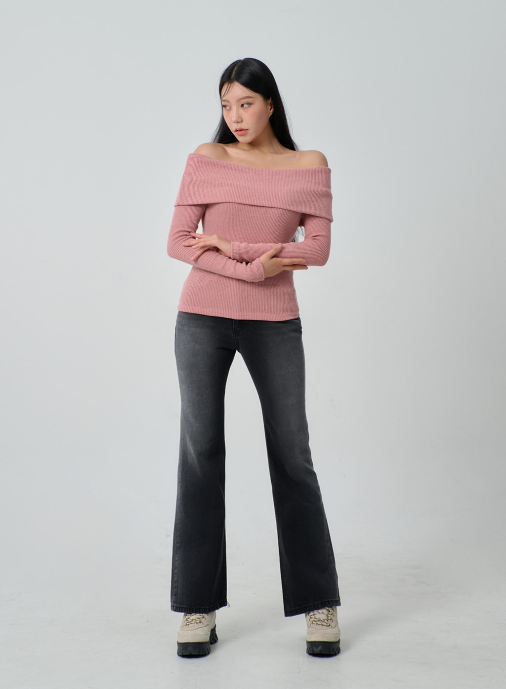 Ribbed Knit Off-Shoulder Top IJ318
