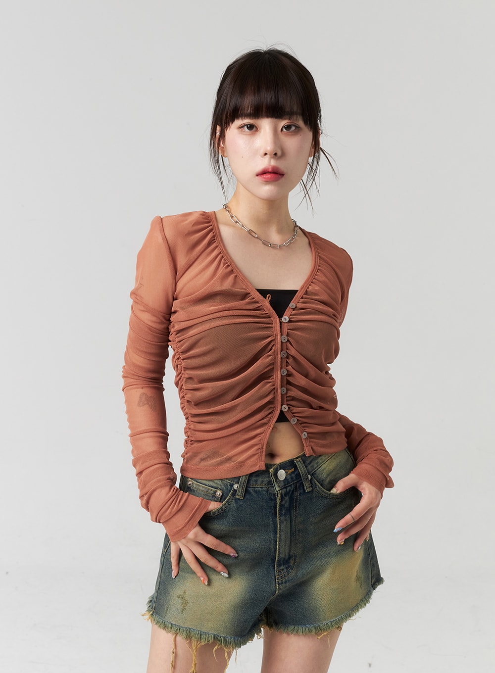 Button Mesh Cardigan CL314