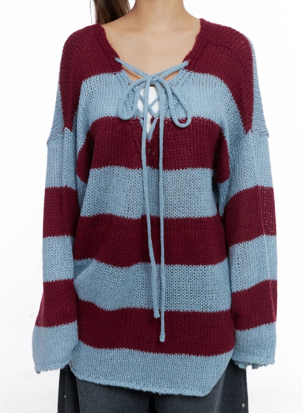 Striped Lace-Up Long-Sleeve Knit Top CS505