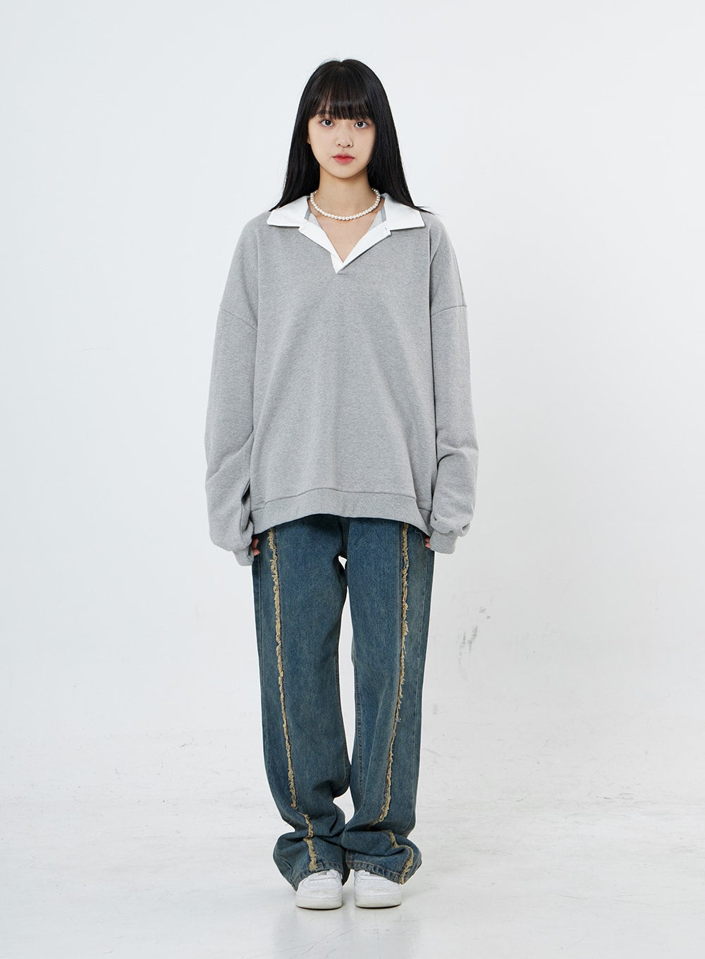 V-Neck Shirt Collar Oversize Sweatshirt OO13