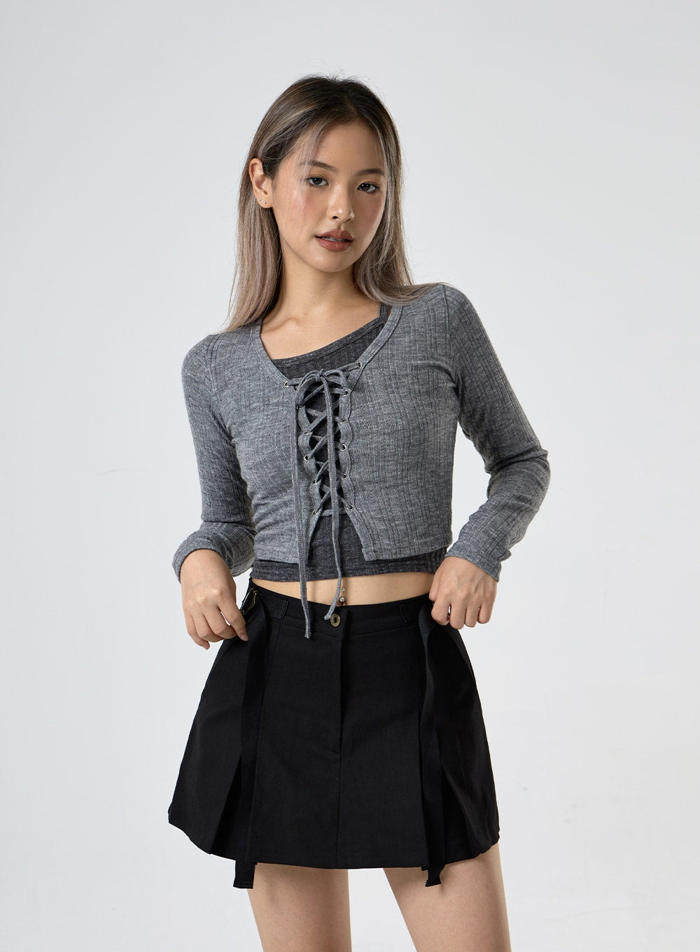 Lace Up Ribbed Crop Cardigan CG25
