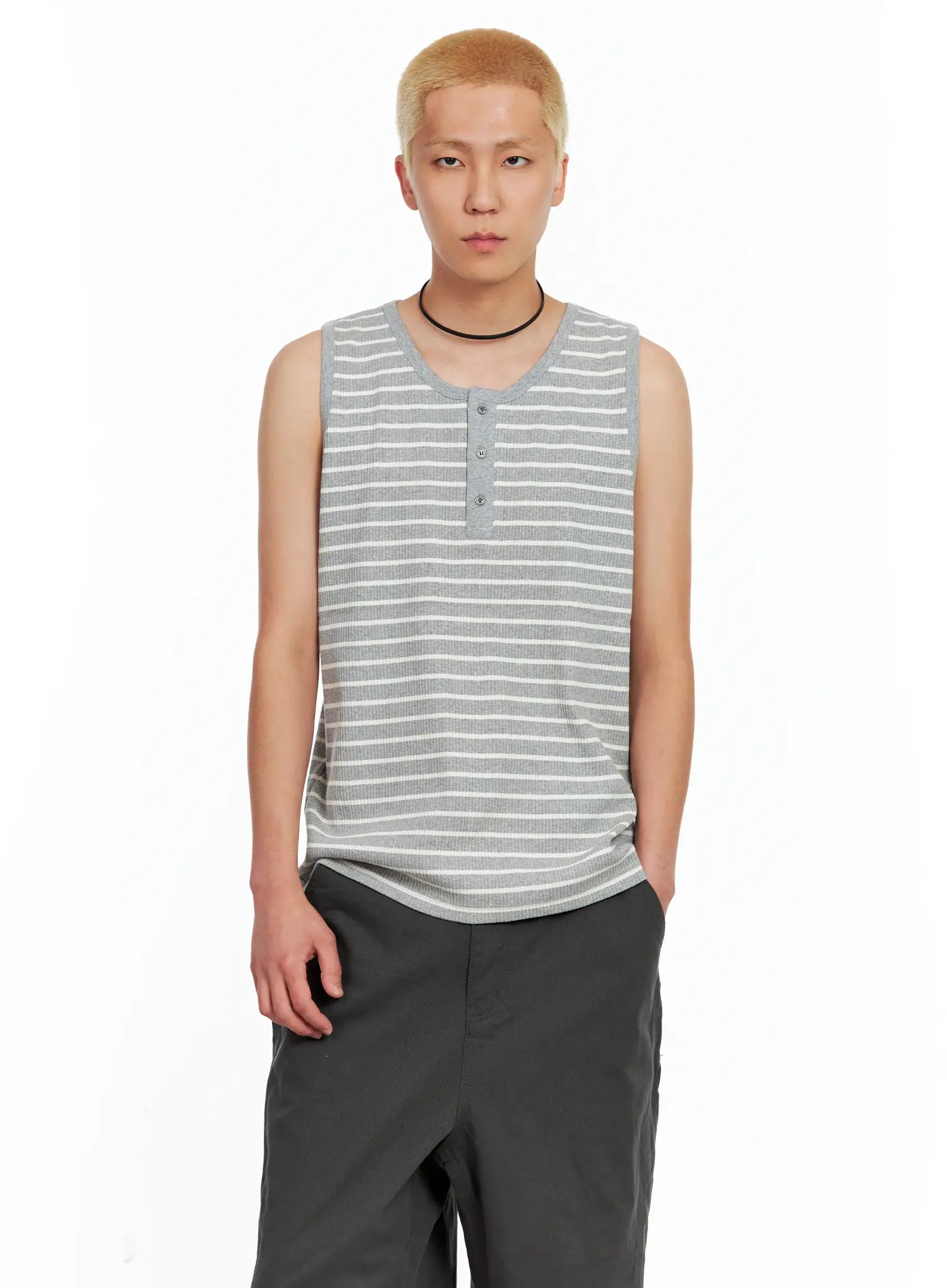 Men's Striped Henley Tank Top IL511