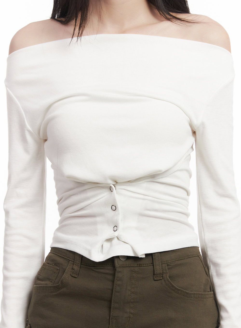 Buttoned Slim-Fit Off-Shoulder Top CM517