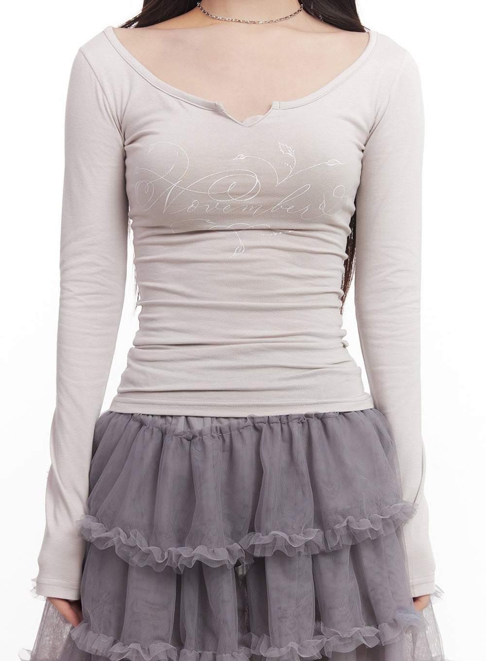 Graphic Long-Sleeve V-Neck Top CM528