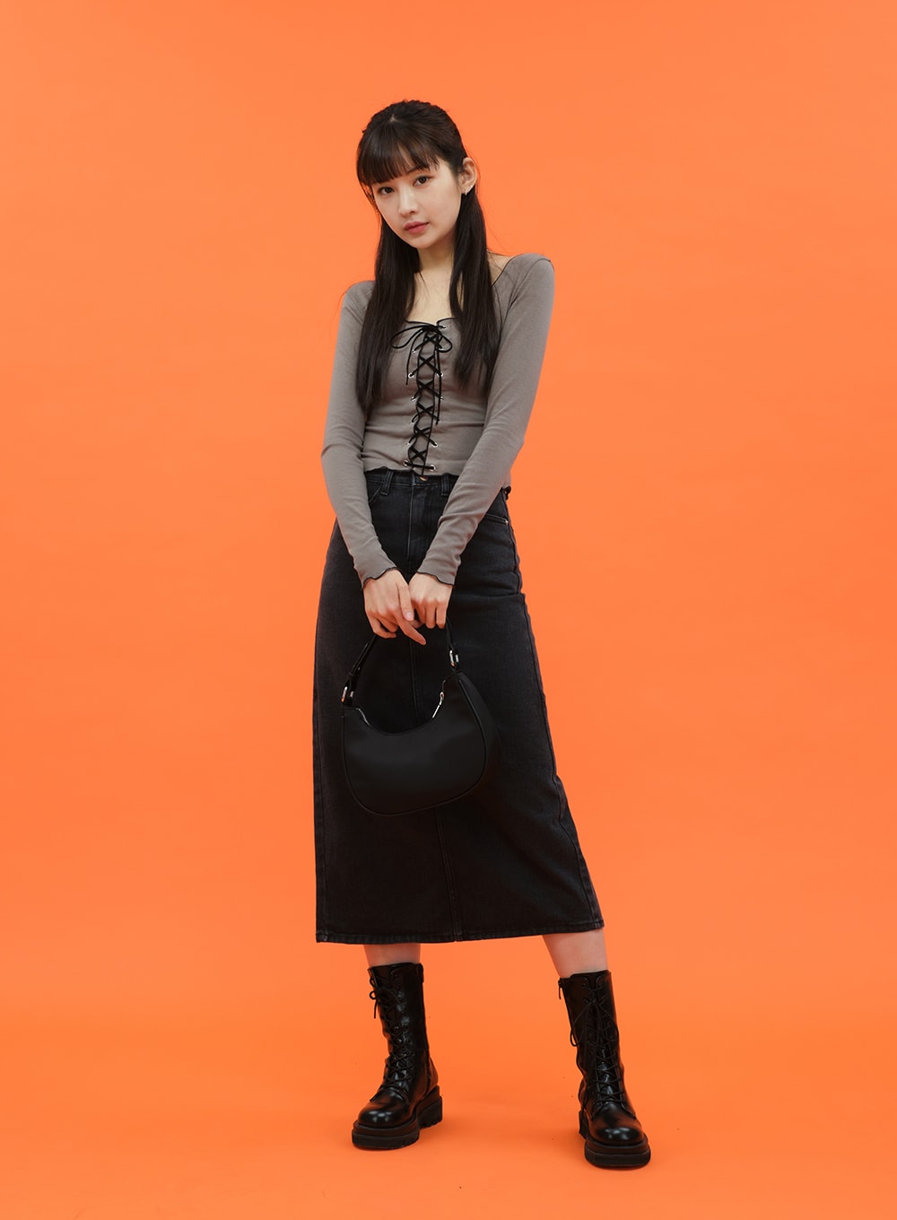 Cropped Long Sleeve Top with Front Lace Detail C1703